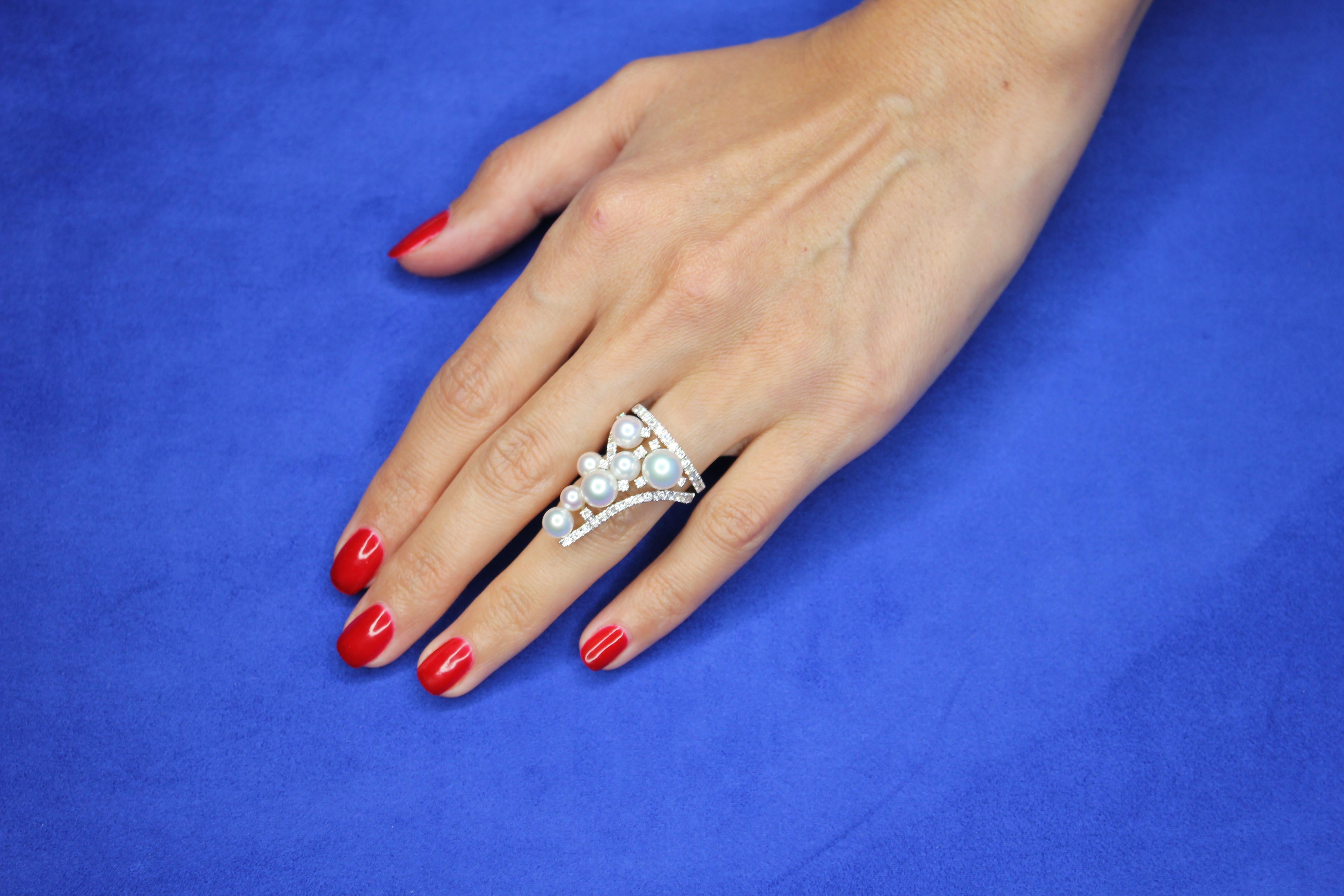 Akoya White Pearl Diamond Luxury Cocktail Tiara Crown 18 Karat White Gold Ring For Sale 3