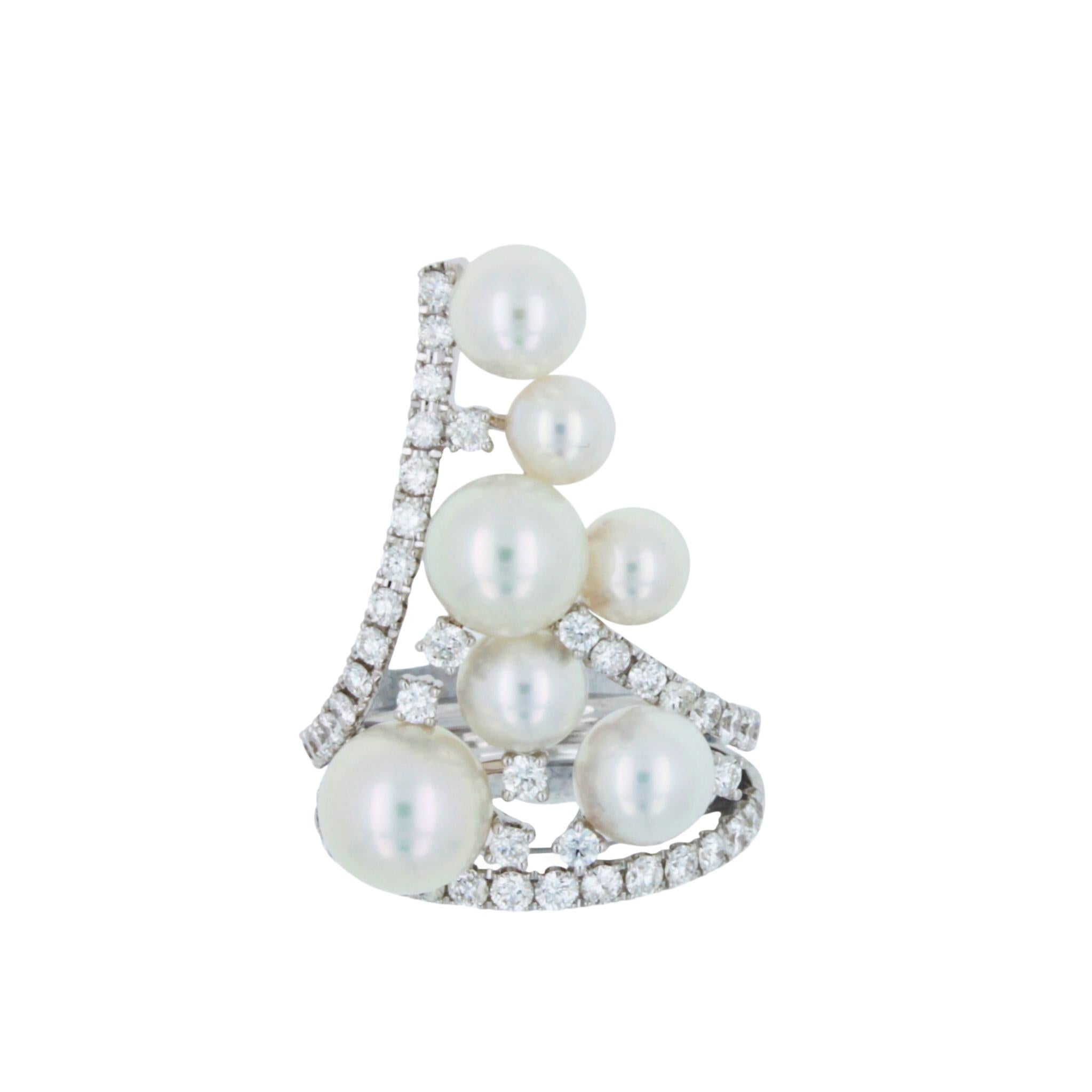 Art Deco Akoya White Pearl Diamond Luxury Cocktail Tiara Crown 18 Karat White Gold Ring For Sale