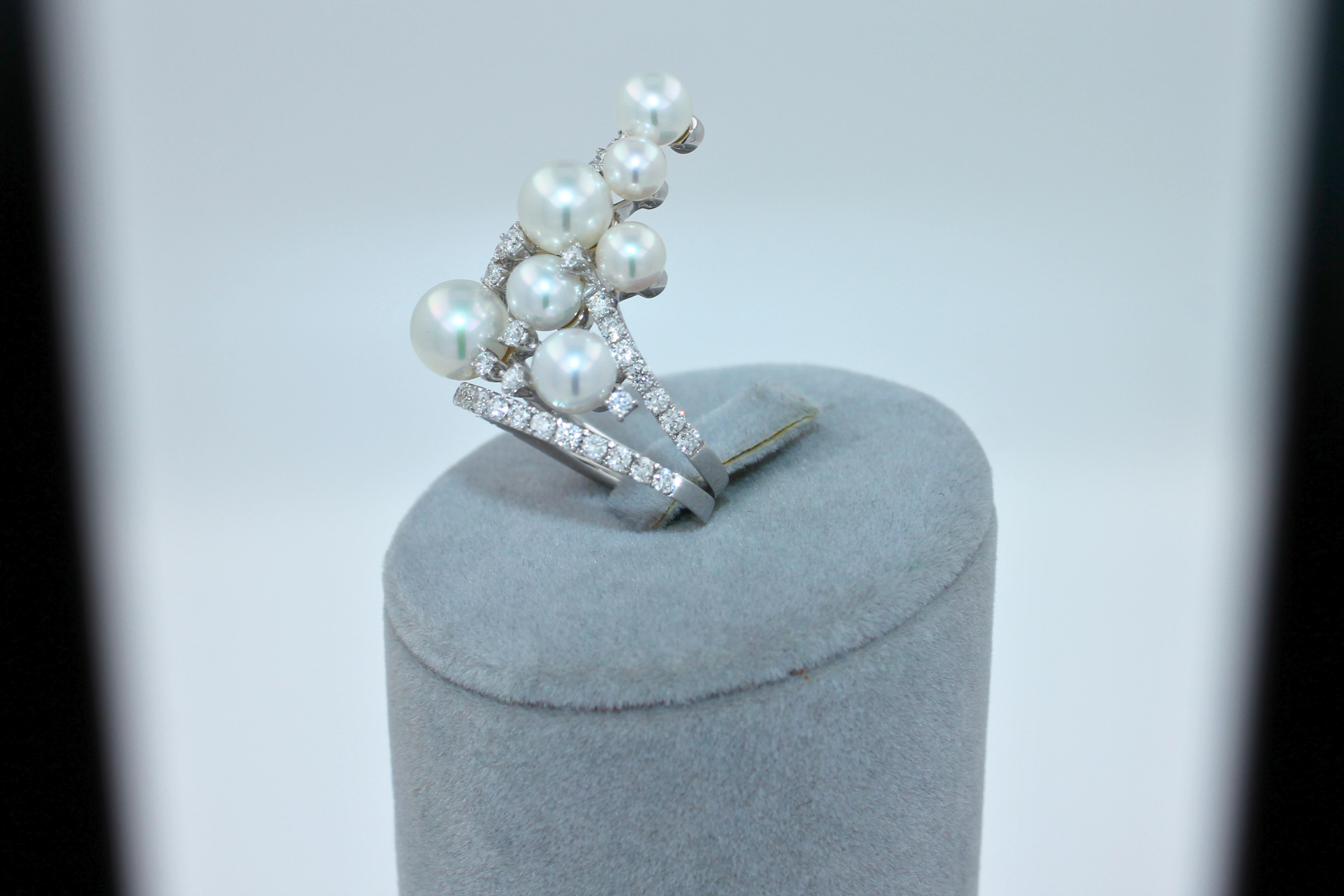 Akoya White Pearl Diamond Luxury Cocktail Tiara Crown 18 Karat White Gold Ring For Sale 8
