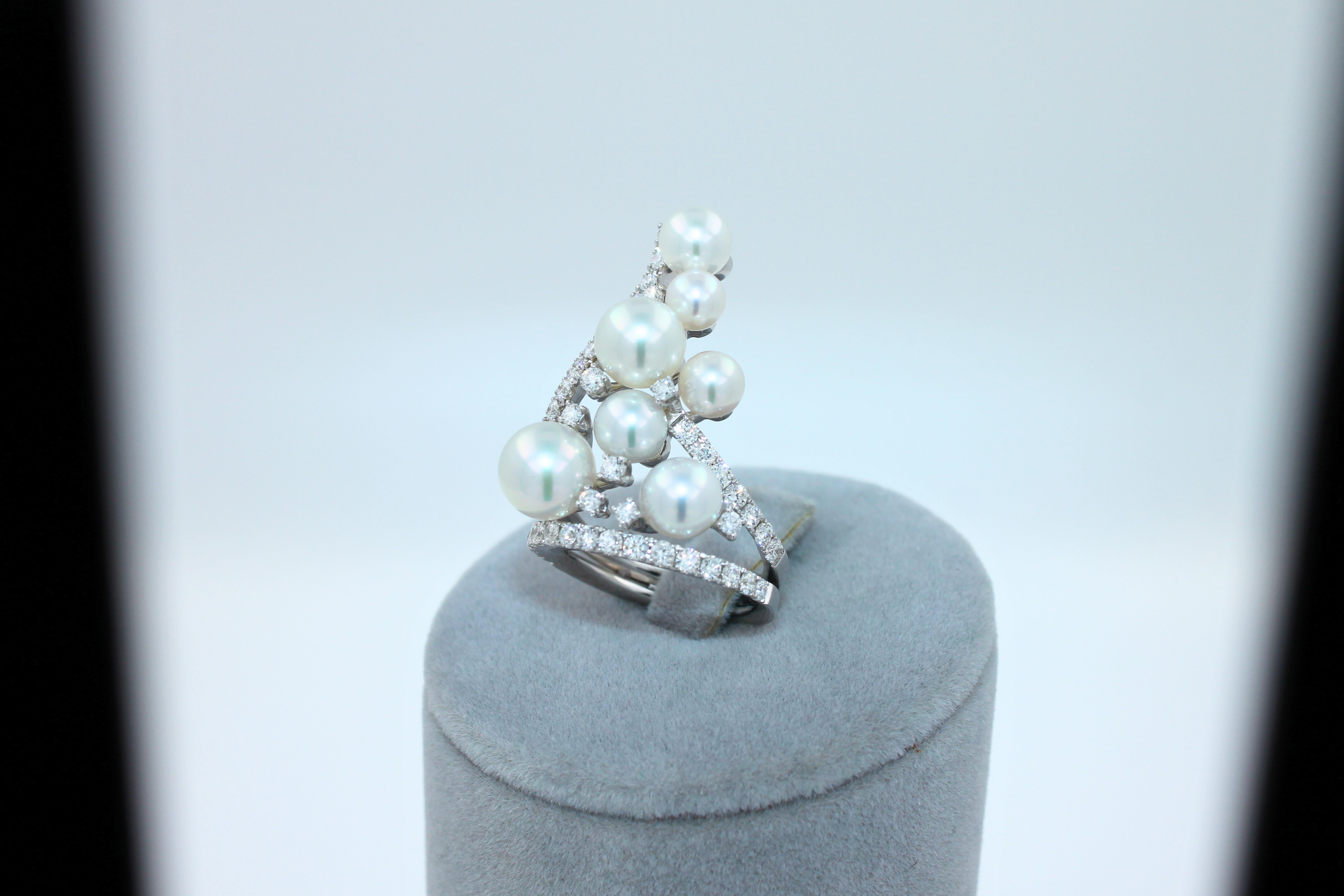 Akoya White Pearl Diamond Luxury Cocktail Tiara Crown 18 Karat White Gold Ring For Sale 9