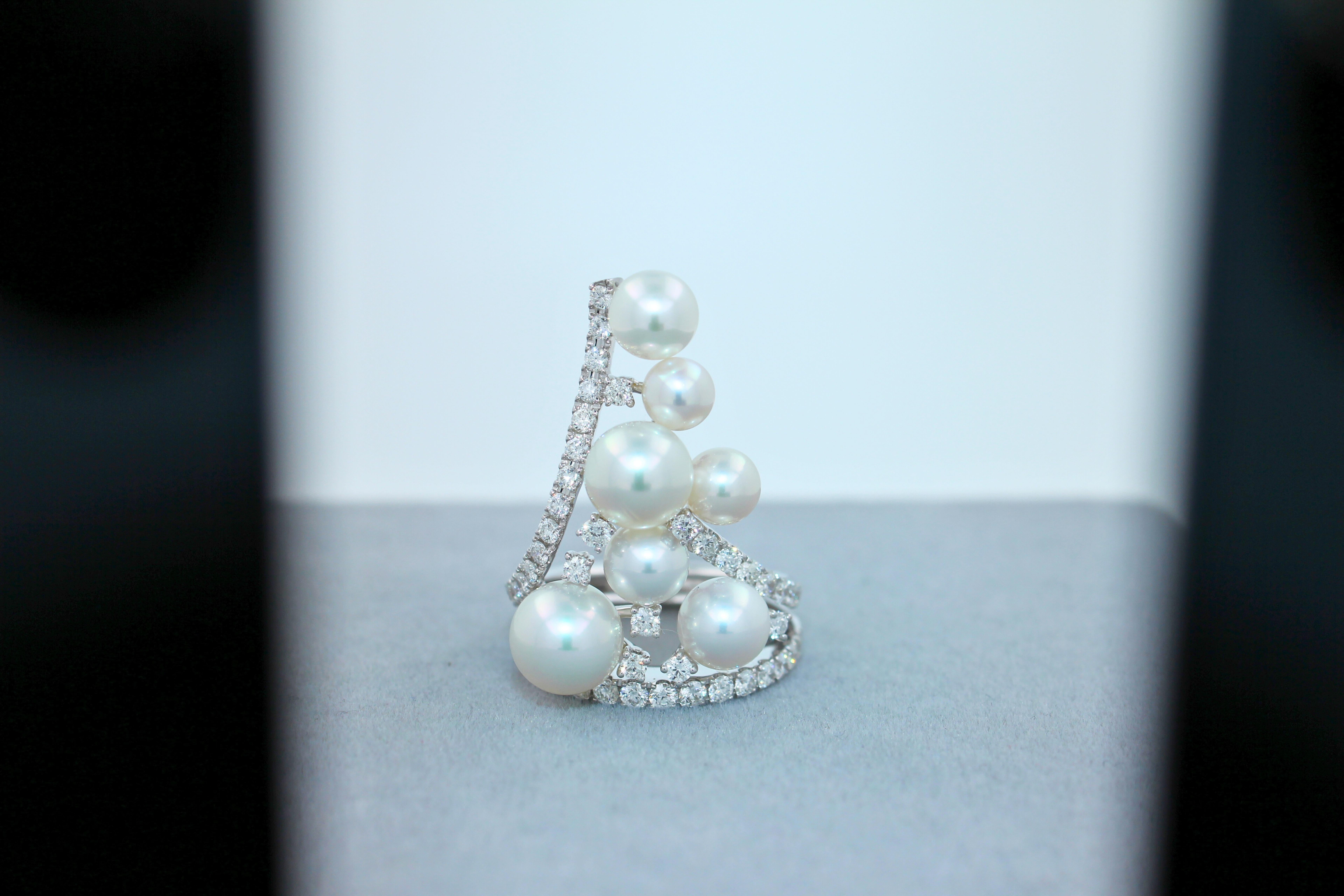 Akoya White Pearl Diamond Luxury Cocktail Tiara Crown 18 Karat White Gold Ring For Sale 10