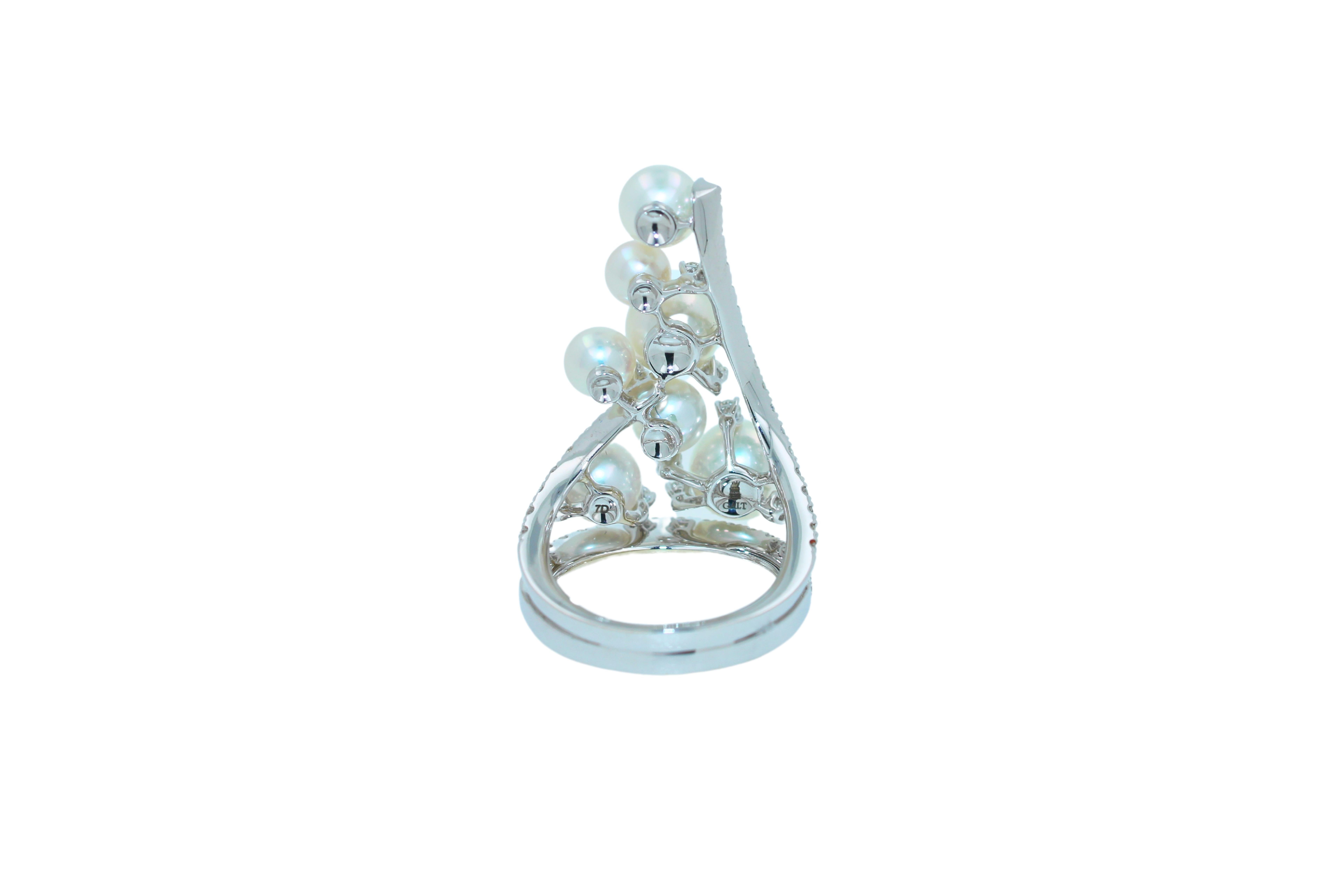 Akoya White Pearl Diamond Luxury Cocktail Tiara Crown 18 Karat White Gold Ring For Sale 1