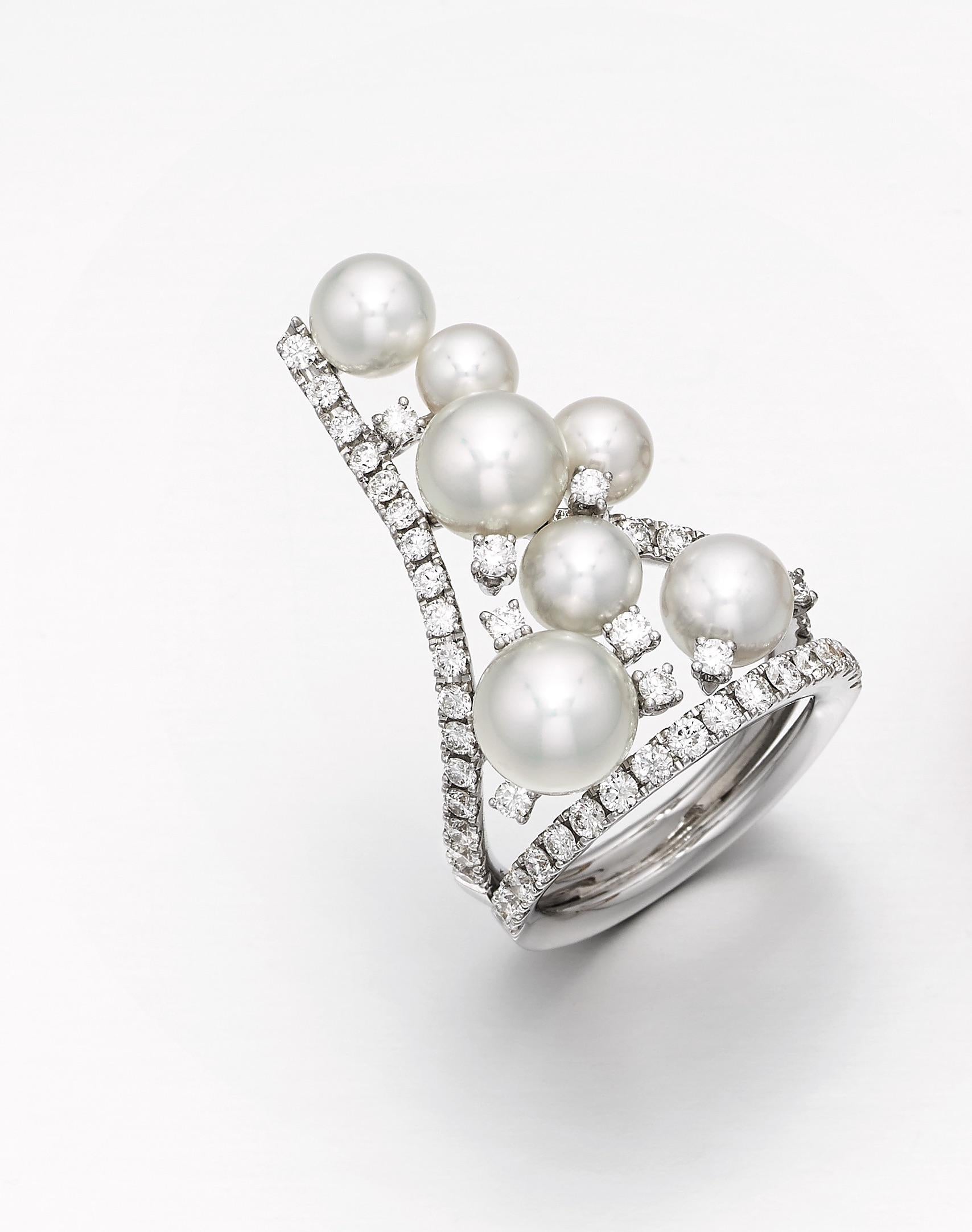Akoya Pearl & Diamond Crown Ring

Akoya White Pearl Diamond Luxury Cocktail Tiara Crown 18 Karat White Gold Ring 

Each pearl is hand- picked and matched to ensure perfect harmony in color and size to create lively jewellery. Fun and flirty this