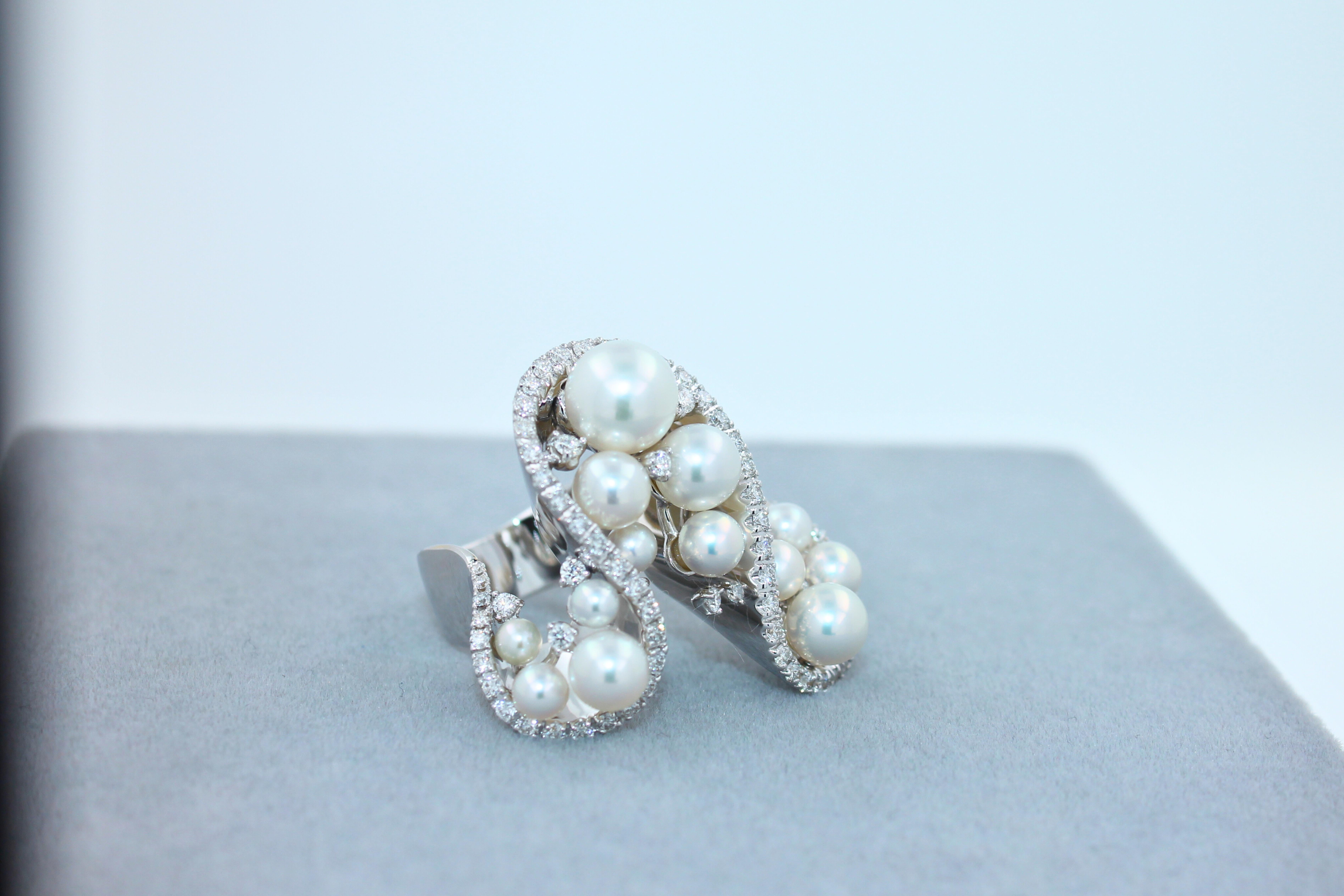 Akoya White Pearl Grape Luxury Cocktail Pave Elegant 18K White Gold Diamond Ring For Sale 1