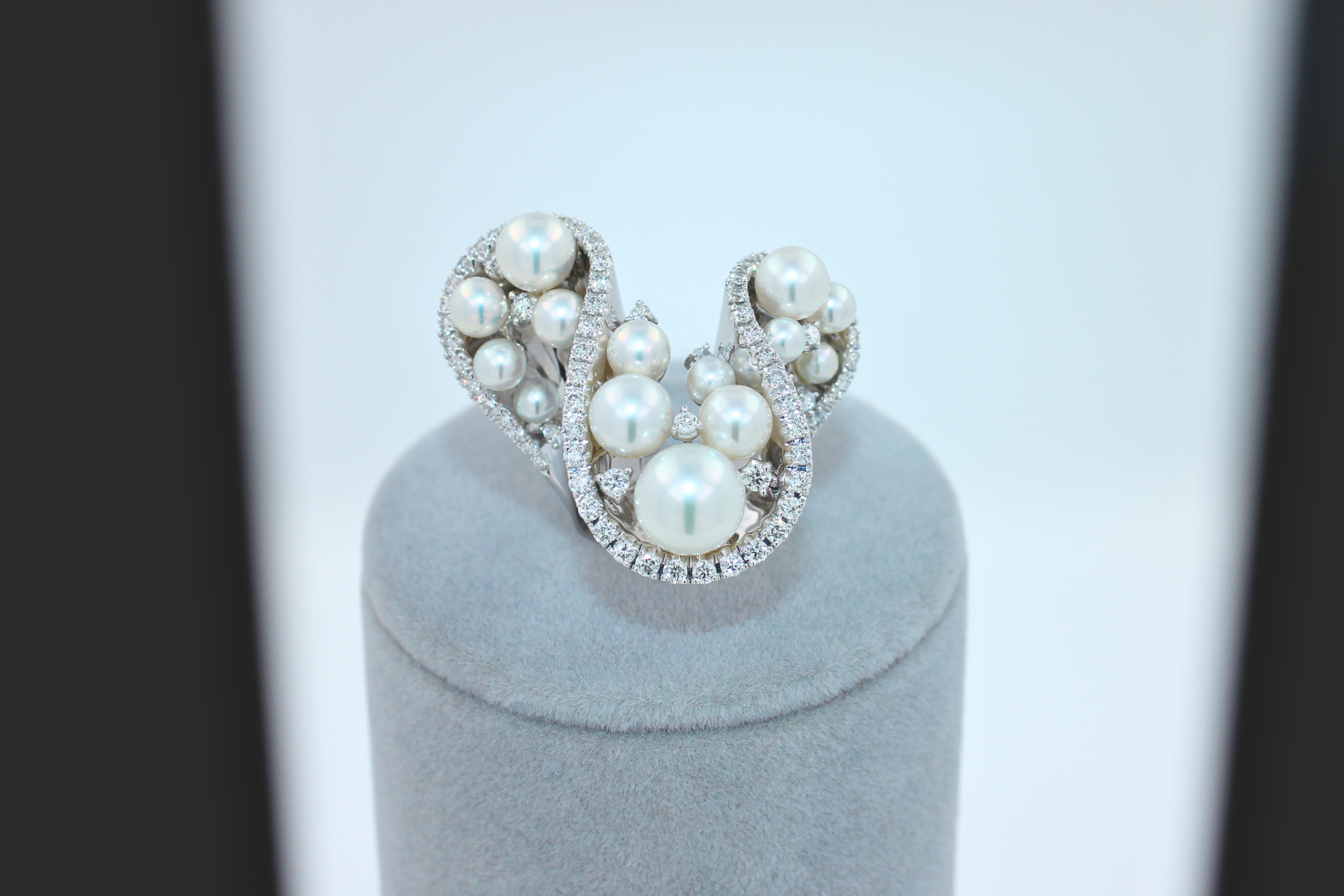 Akoya White Pearl Grape Luxury Cocktail Pave Elegant 18K White Gold Diamond Ring For Sale 2