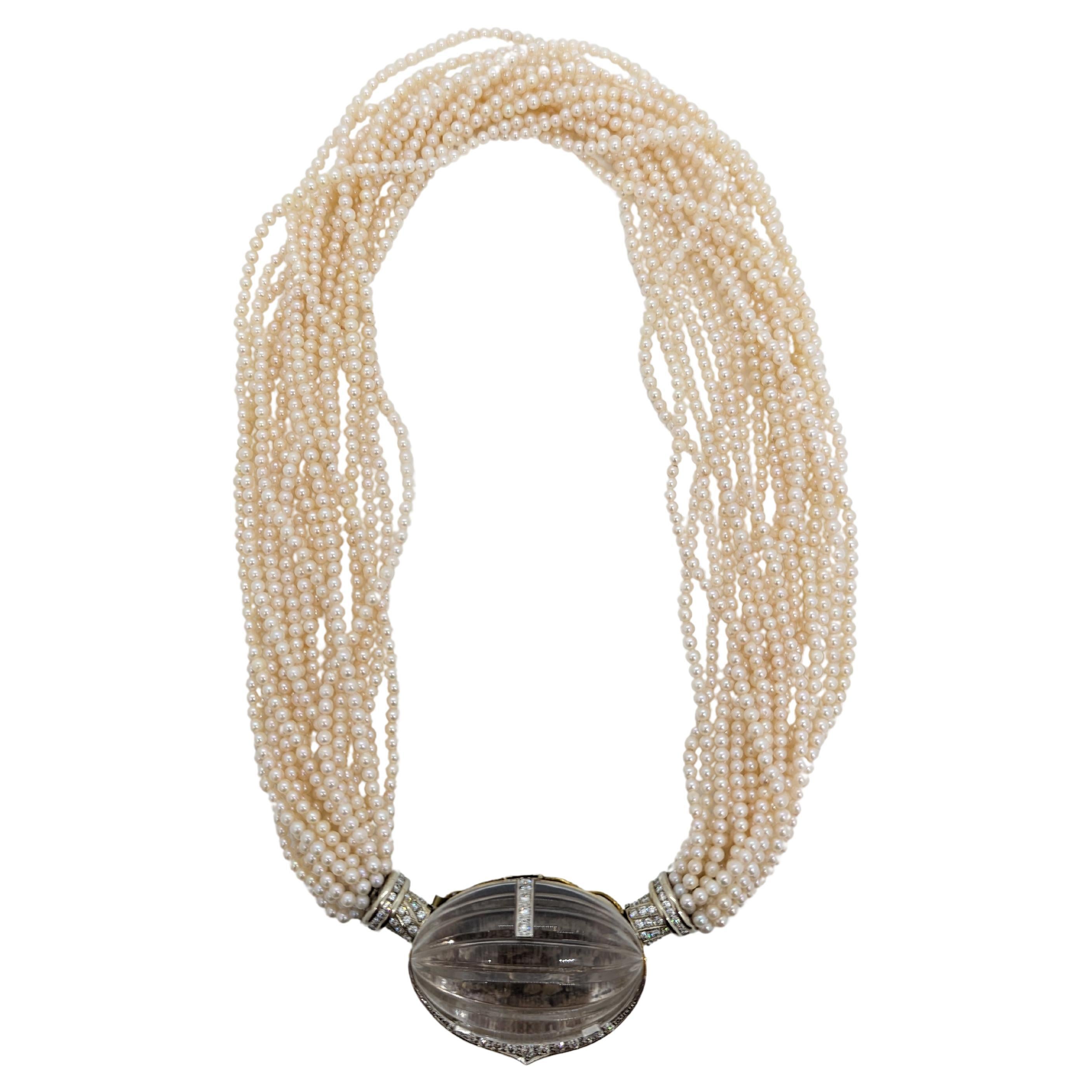 Akoya White Pearl Round & Diamond Necklace in 18K 2 Tone Gold For Sale