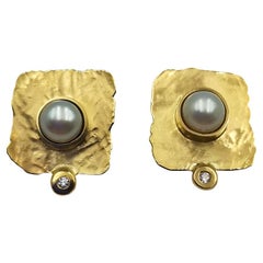 Akoya White Pearls Diamonds 14K Gold Hand Made Artist Stud Earrings
