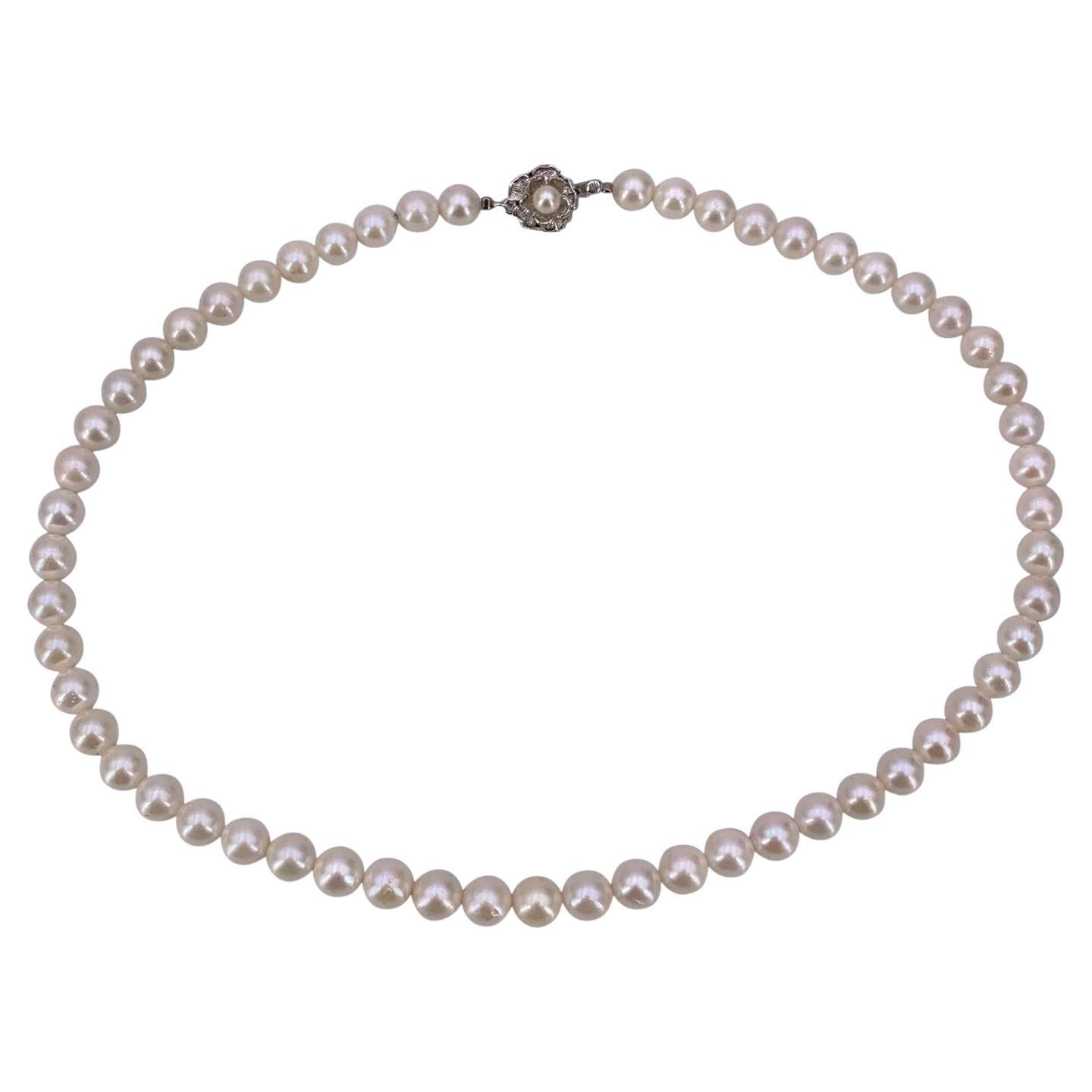 Akoya White Round Pearls 7mm Silver Clasp Necklace cm 42