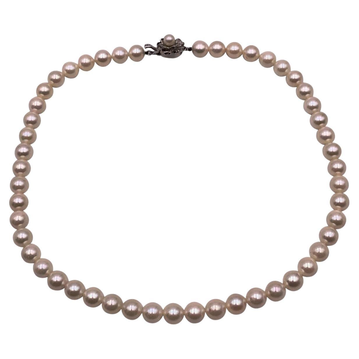 Akoya White Round Pearls 8mm Silver Clasp Necklace cm 43 en vente
