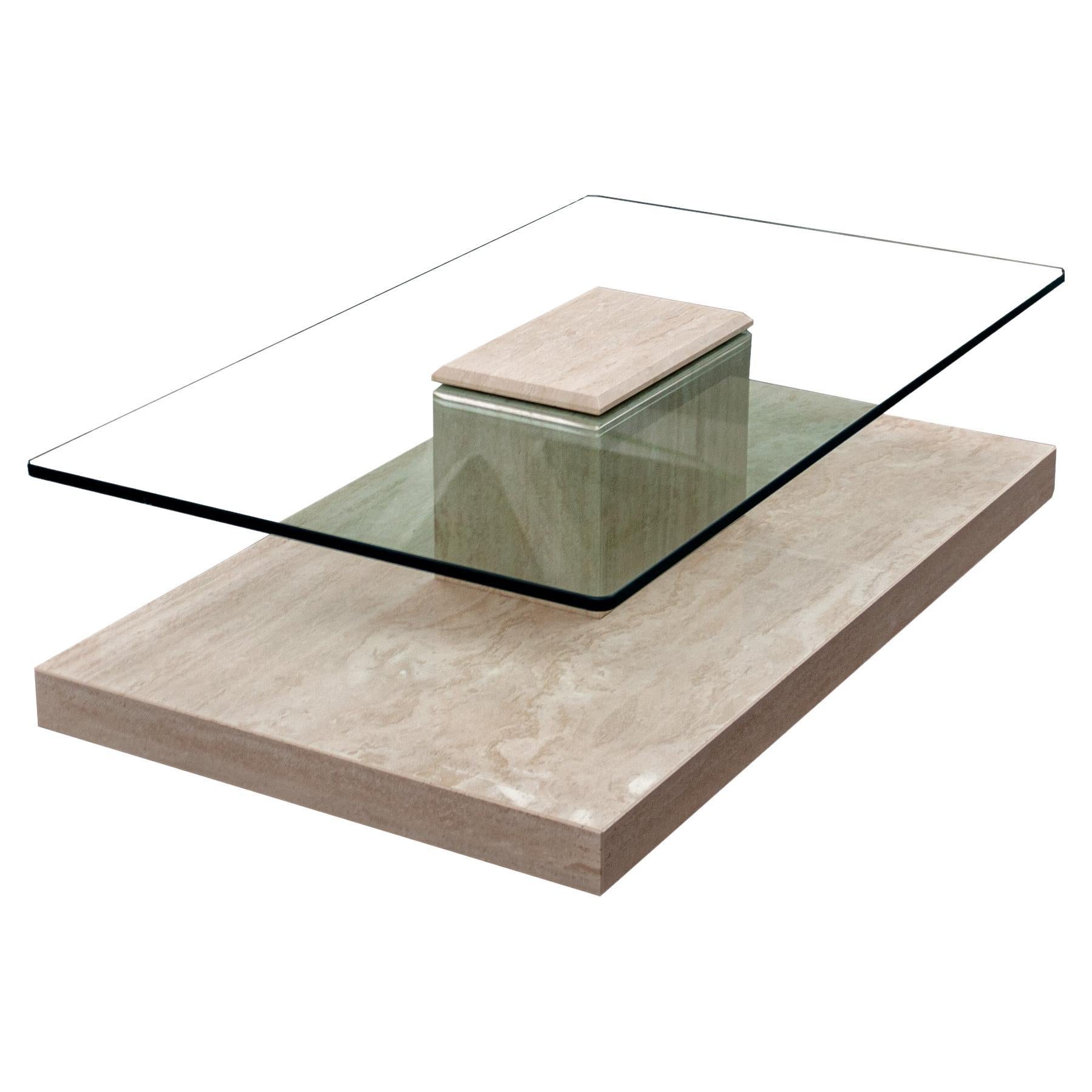 Akra Italian Travertine Marble & Glass Coffee Table Contemporary Design en stock