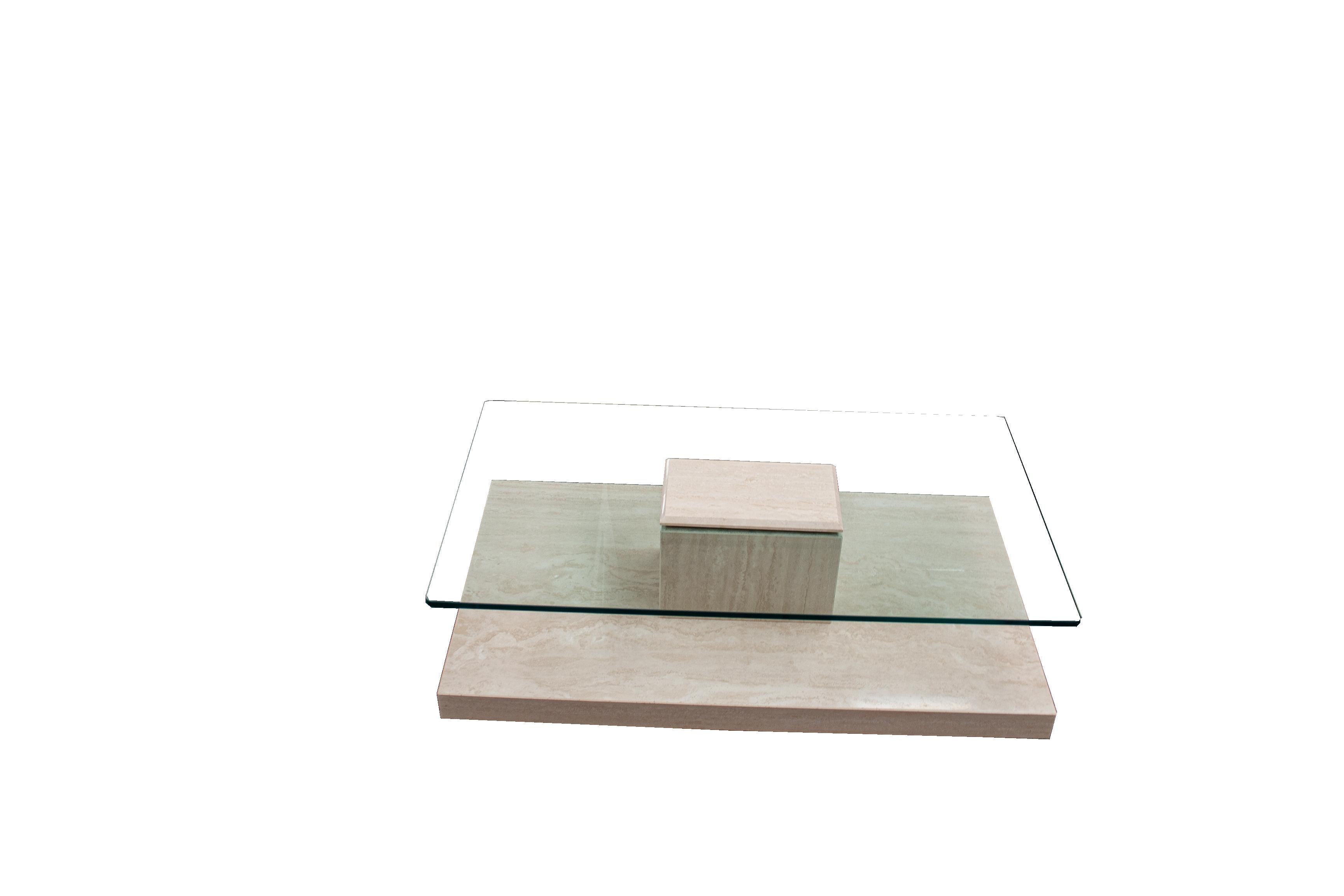 Mid-Century Modern AKRA table basse en marbre travertin et verre au design contemporain Espagne, en stock en vente