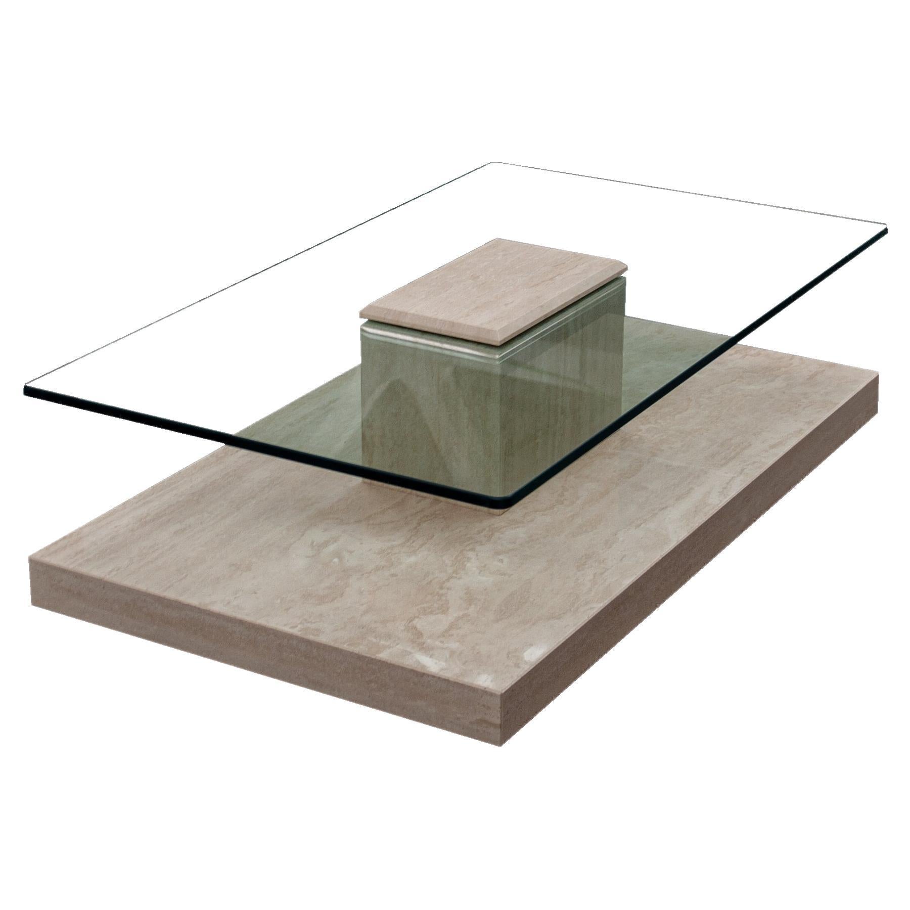 Akra Travertine Marble & Glass Coffee Table Contemporary Design Spain in Stock For Sale