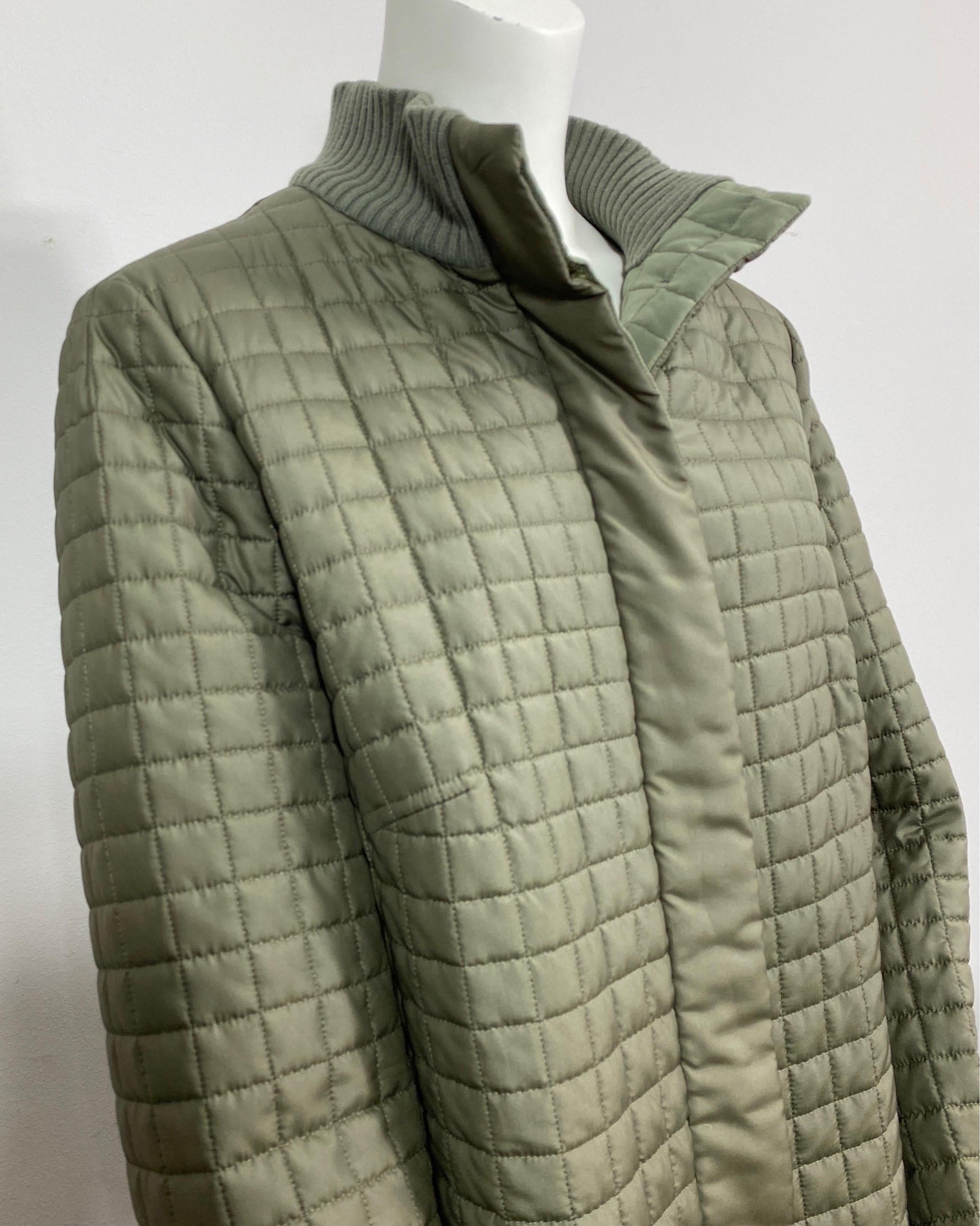 Akris 1990’s Sage Silk Quilted Puffer Coat-Size 48 For Sale 2