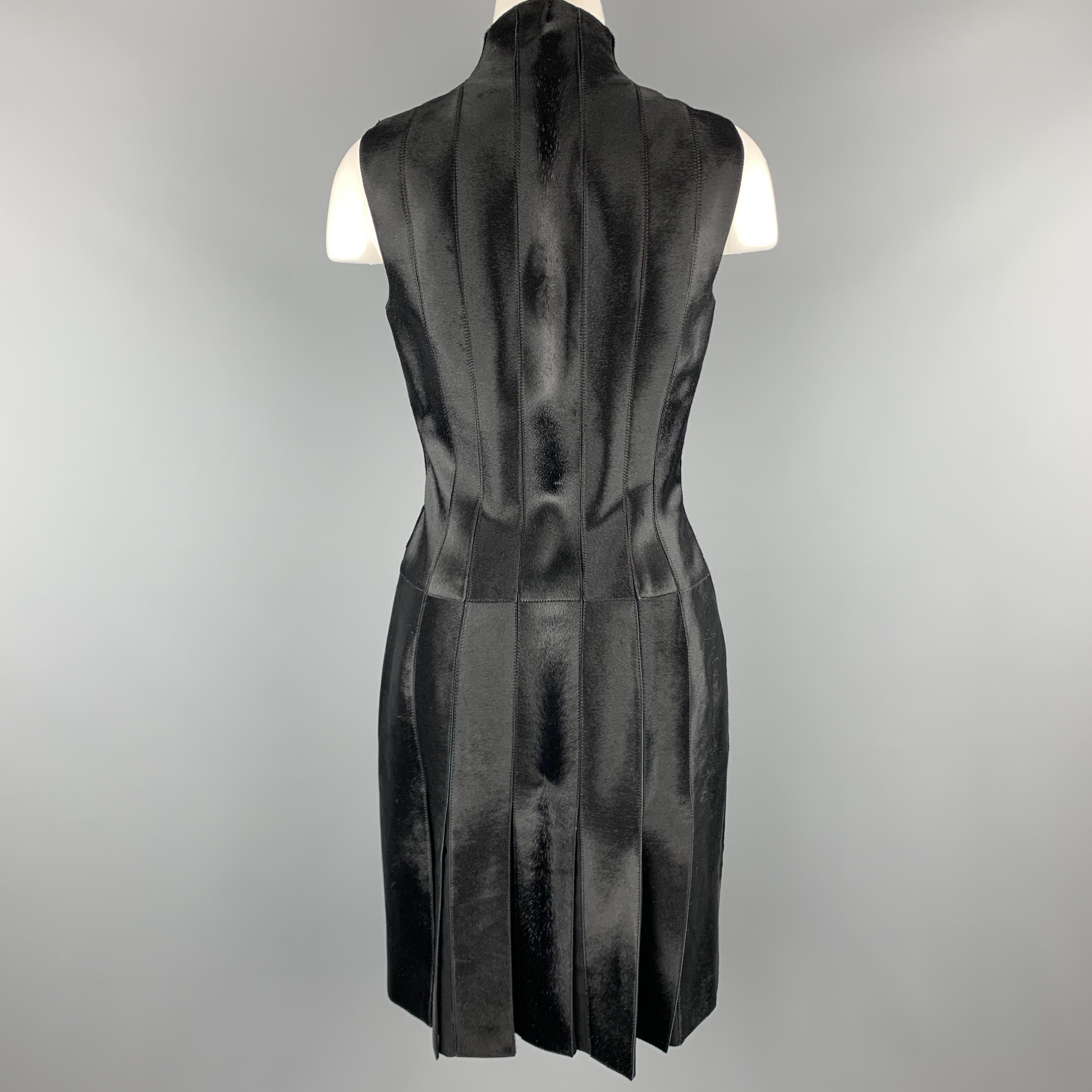 AKRIS 6 Black Pony Hair Leather Sleeveless Pleated Back High Neck Cocktail Dress In Excellent Condition In San Francisco, CA