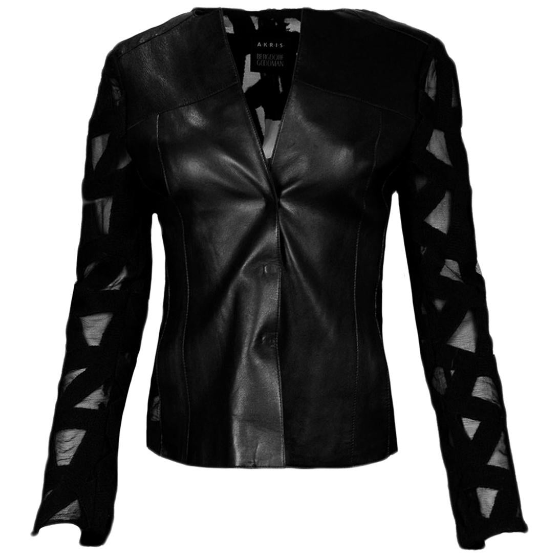 Akris Black Leather Front Button Jacket w/ Wool Cutout-Back & Sleeves sz 6