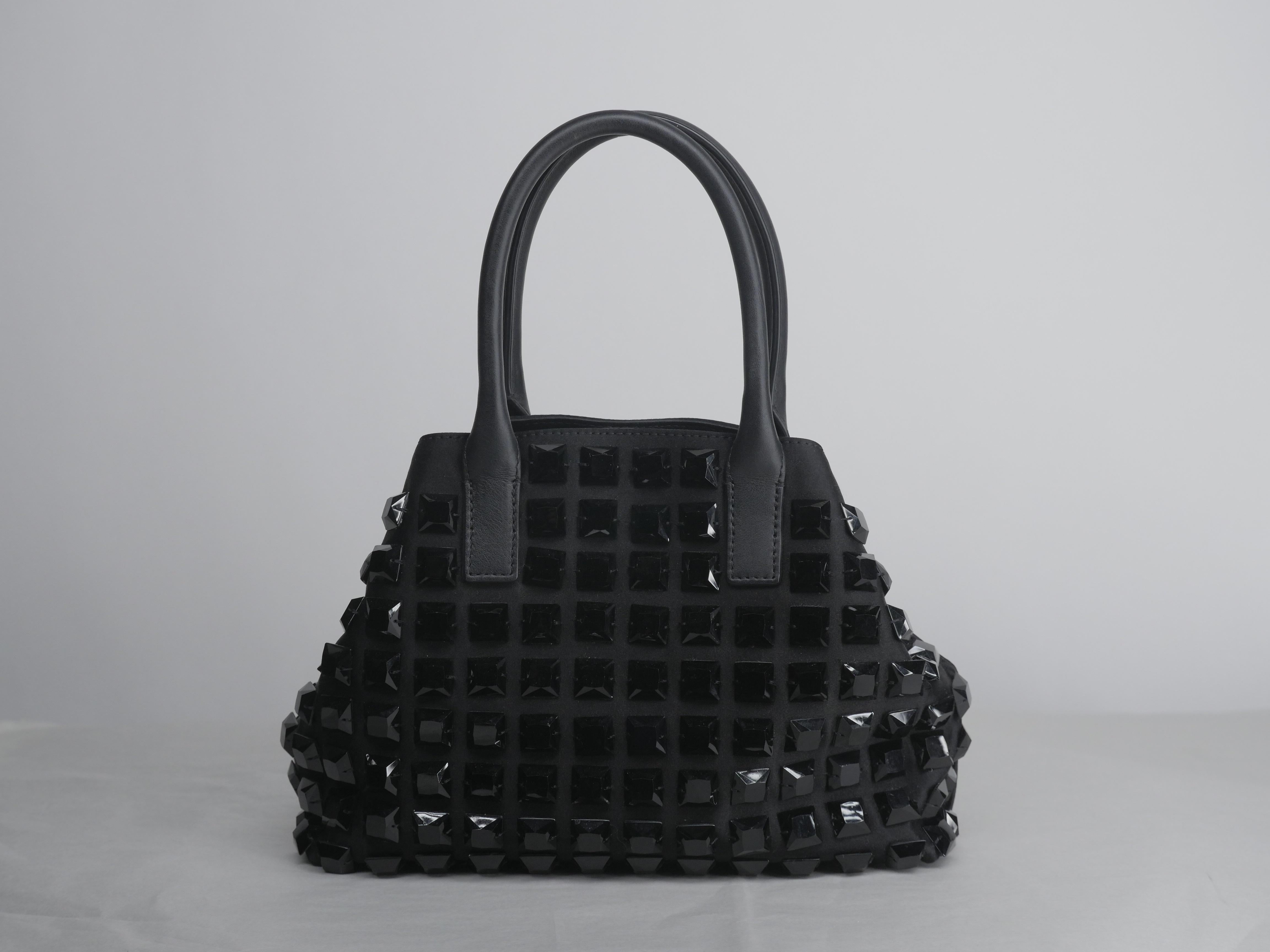 Black Satin Mini Handle Bag with Studded Back