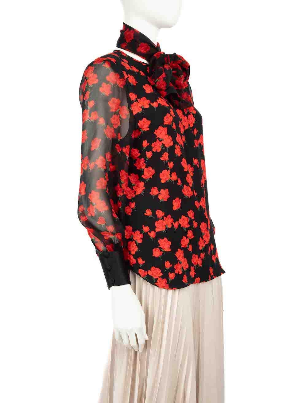 CONDITION is Very good. Hardly any visible wear to blouse is evident on this used Akris designer resale item.
 
 
 
 Details
 
 
 Black
 
 Silk
 
 Blouse with scarf
 
 Rose pattern
 
 Long sleeves
 
 Round neck
 
 Button up fastening
 
 Sheer
 
 
 
