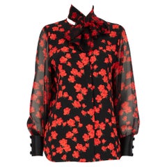 Akris Black Silk Rose Print Blouse with Scarf Size XL