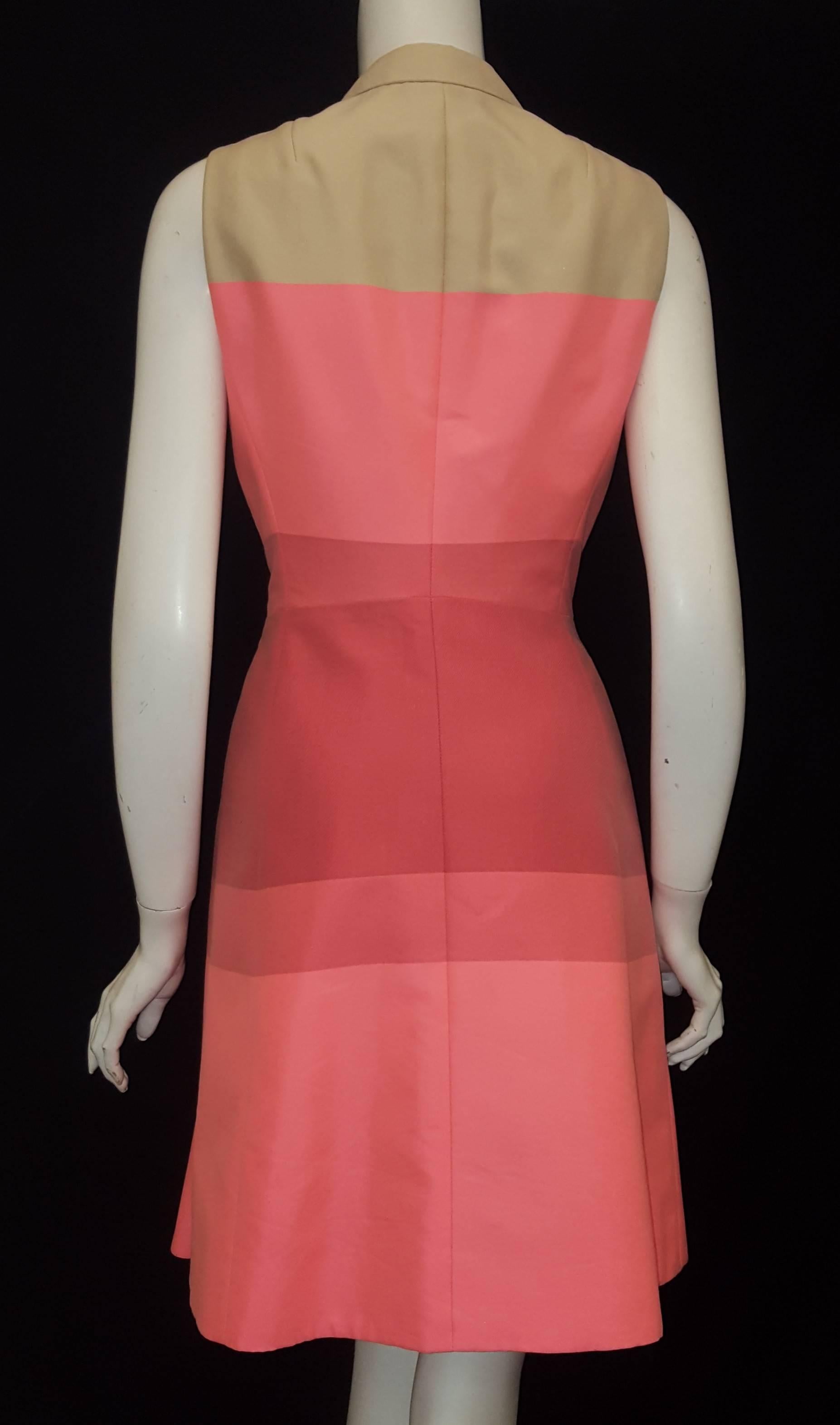 Pink Akris Coral Hues & Beige Notch Collar Sleeveless Dress