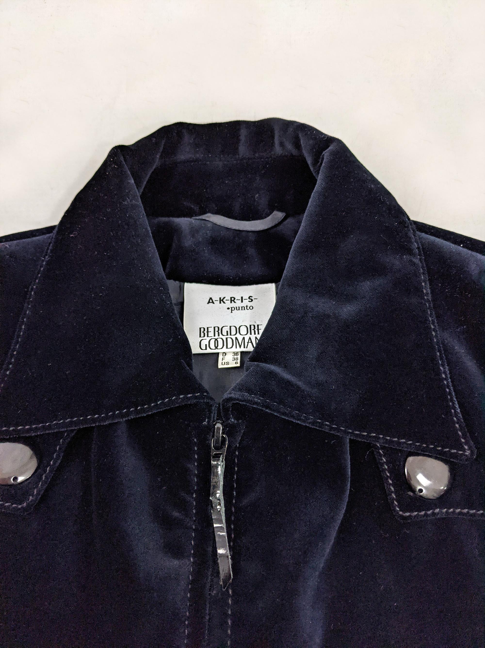 Black Akris for Bergdorf Goodman Vintage Dark Blue Velvet Zip Front Jacket, 1990s For Sale