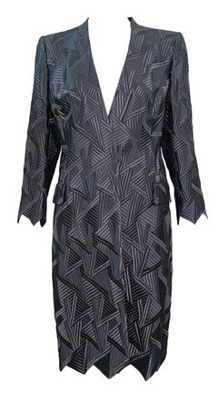 Akris Gun Metal Grey Art Deco-Inspired Embroidered Coat, 2000s