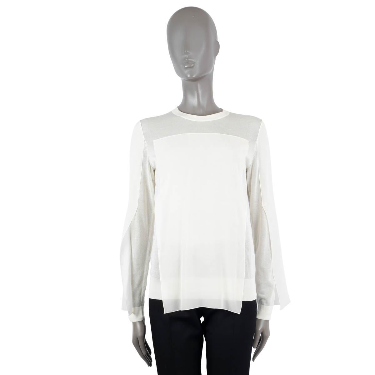 100% authentic Akris crewneck sweater in ivory cotton knit (100%) with semi sheer silk panels on top. Brand new with tags.

Measurements
Tag Size	34
Size	XS
Shoulder Width	40cm (15.6in)
Bust From	92cm (35.9in)
Waist From	94cm (36.7in)
Hips From	78cm