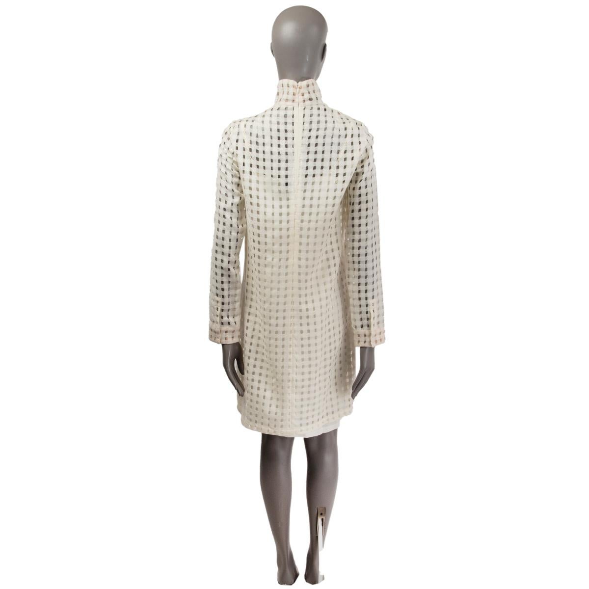 Gray AKRIS ivory wool OPEN WEAVE GAUZE HIGH NECK Dress 38 M For Sale