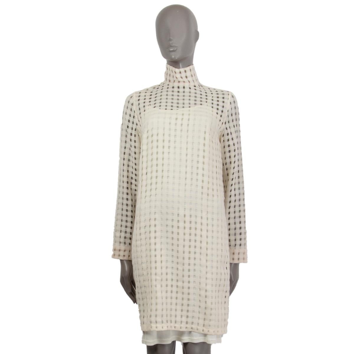 AKRIS ivory wool OPEN WEAVE GAUZE HIGH NECK Dress 38 M In New Condition For Sale In Zürich, CH