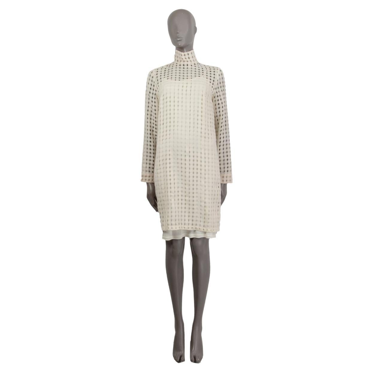 AKRIS ivory wool OPEN WEAVE GAUZE HIGH NECK Dress 38 M For Sale