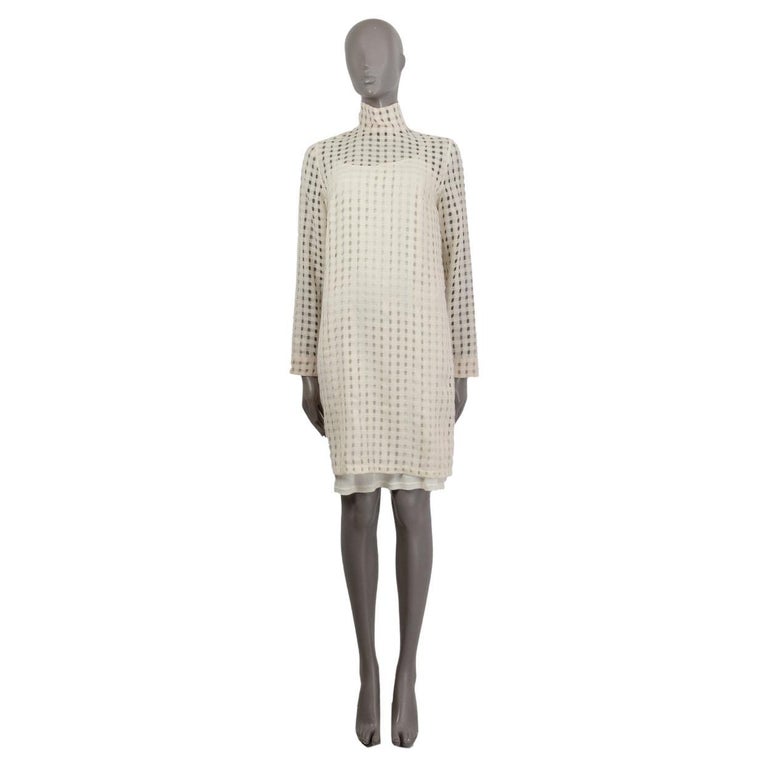 AKRIS ivory wool OPEN WEAVE GAUZE HIGH NECK Dress 38 M For Sale at 1stDibs