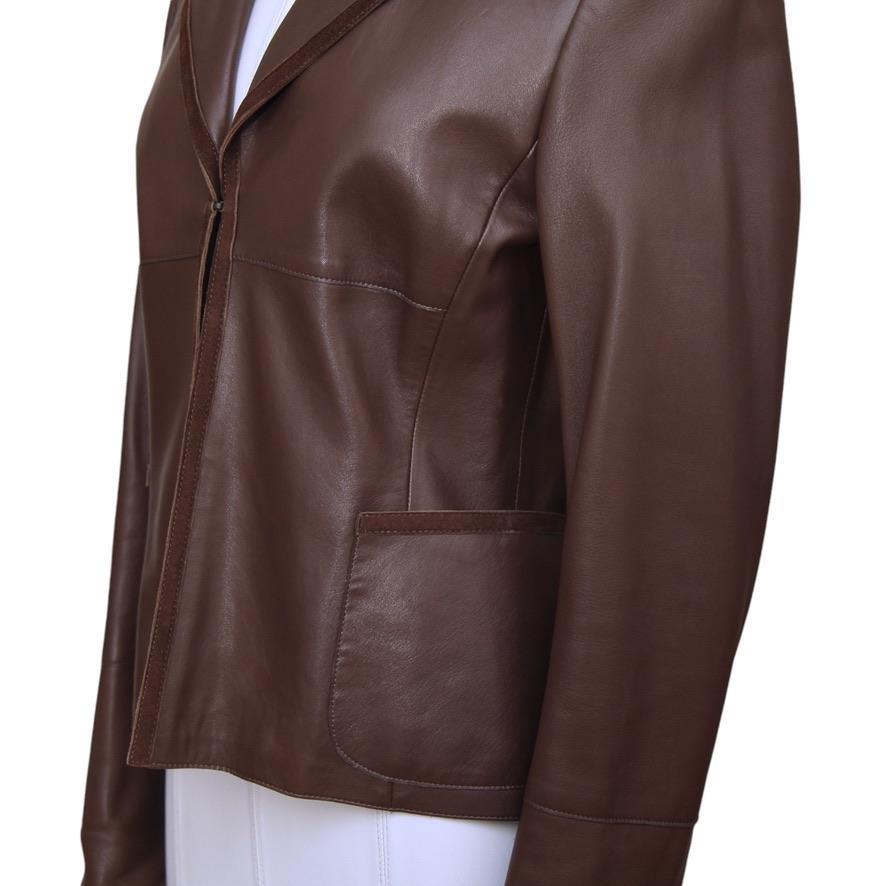 Women's AKRIS Jacket Blazer Coat Leather Brown Suede Long Sleeve Collar Pocket F 38 US 6 For Sale
