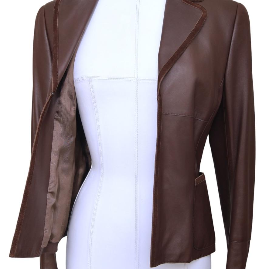 AKRIS Jacket Blazer Coat Leather Brown Suede Long Sleeve Collar Pocket F 38 US 6 For Sale 1