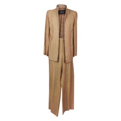 Akris Hosenanzug Kamel Leinen Tweed Hose 10 Jacke 12