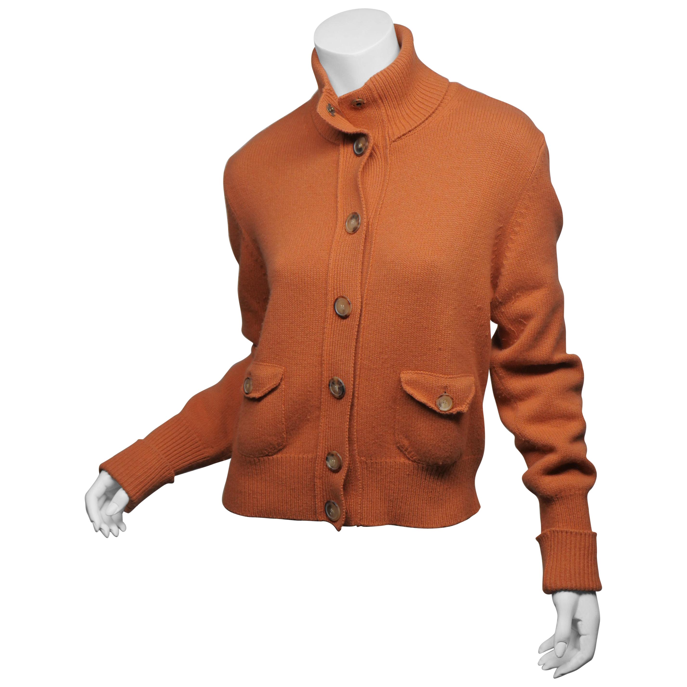 Akris Punto Size 10 Orange Wool Button Down Turtle Neck Sweater