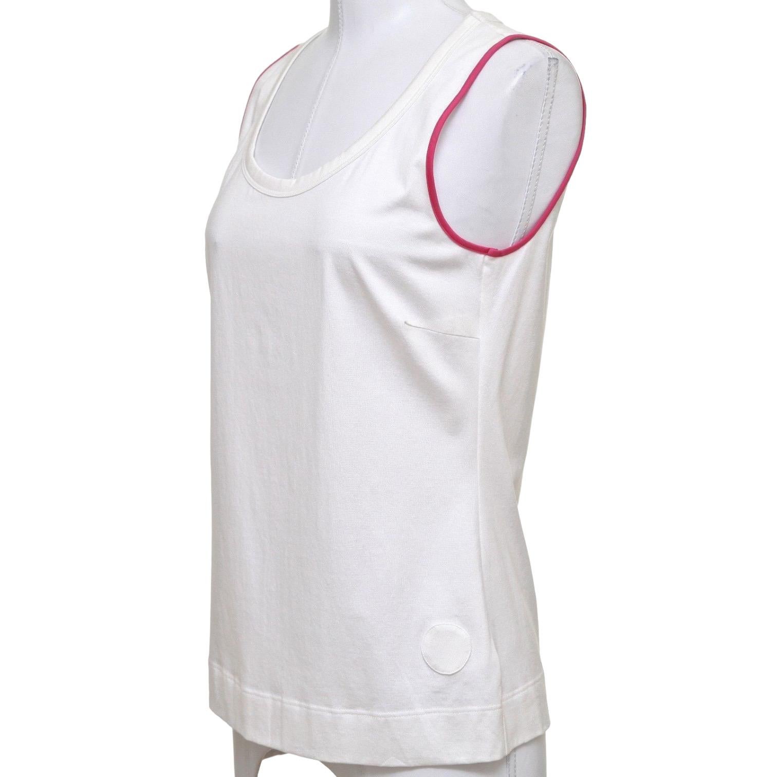GUARANTEED AUTHENTIC VERSATILE AKRIS PUNTO COTTON BLEND TANK TOP

Design:
• Beautiful off white with magenta trim sleeveless top.
• Rounded neckline, slip on.
• Versatile and lightweight.

Size: 10

Material: 95% Cotton, 5% Elastane

Measurements