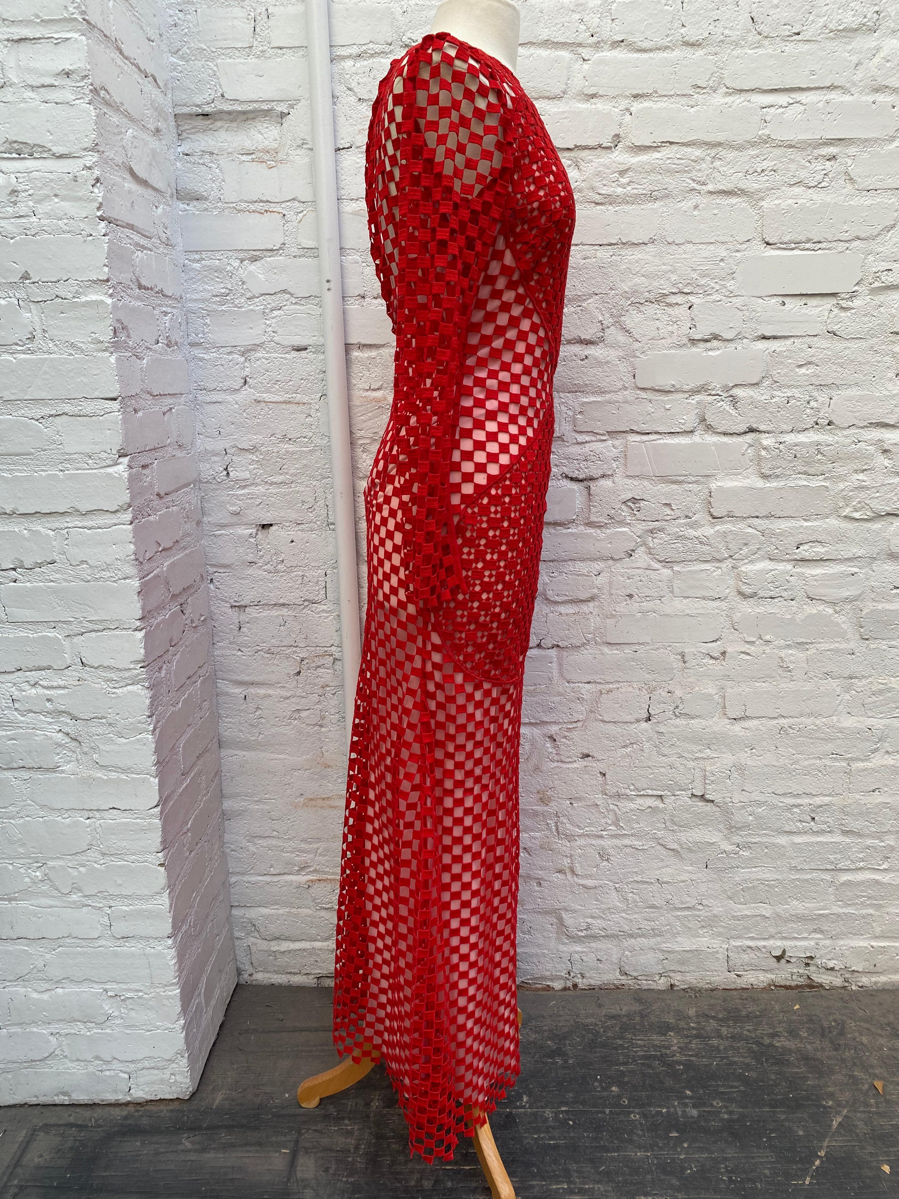 Akris Red Crochet Dress. Mint condition like new. Full length crochet style dress. Guaranteed authentic. 

Measurements:
Shoulder to Shoulder: 17