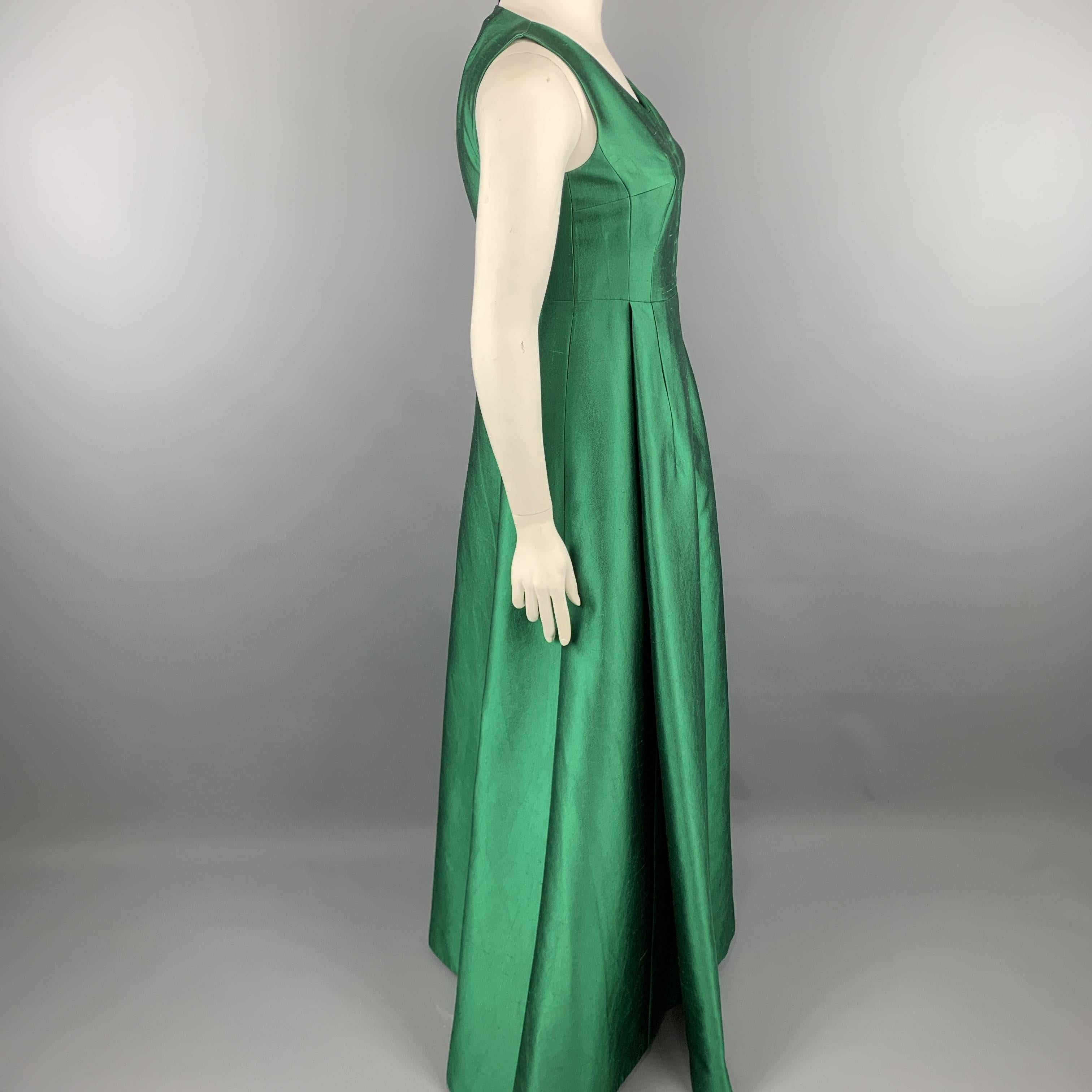 AKRIS Size 10 Green Silk Shantung Pleated Skirt Stapless Gown In Excellent Condition In San Francisco, CA