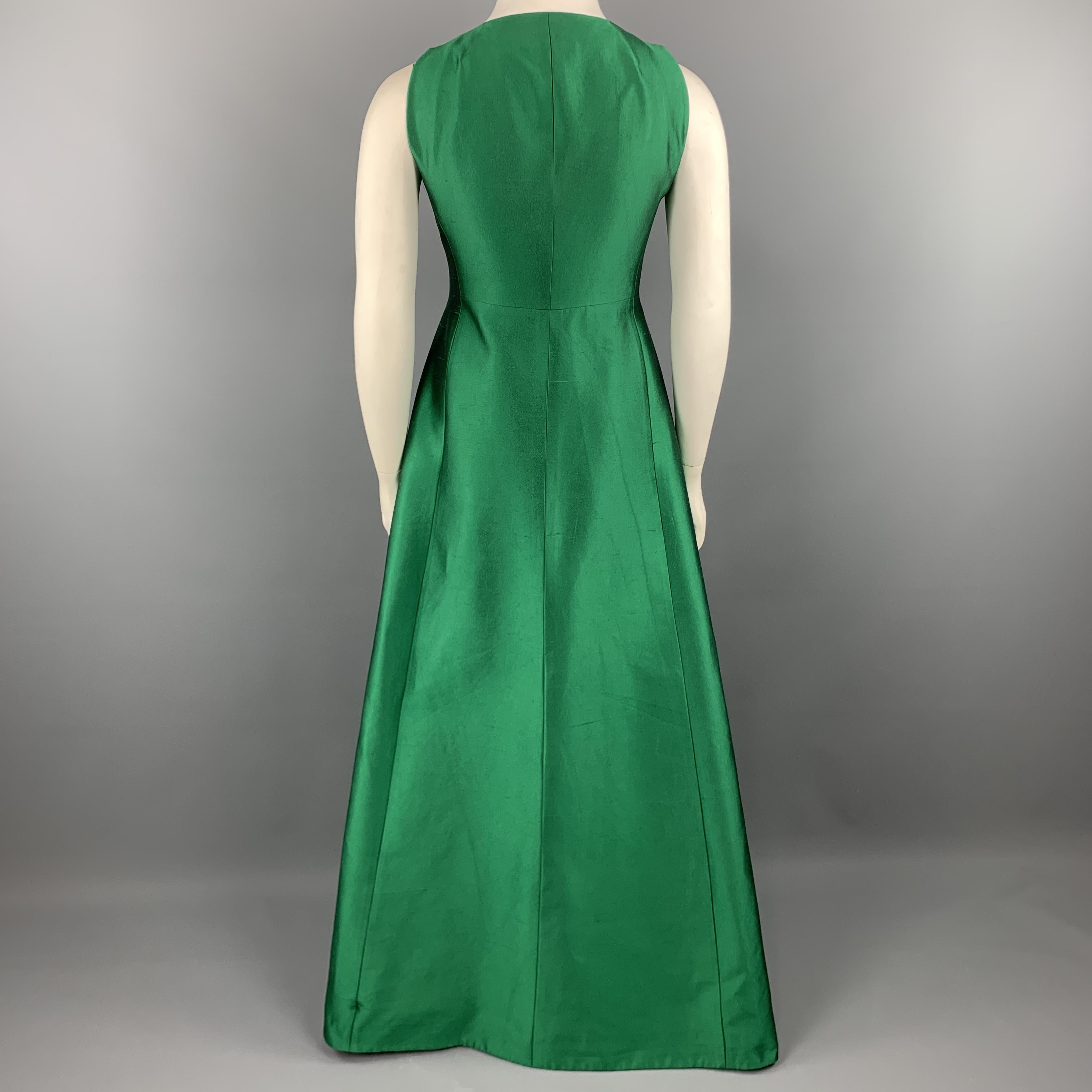 Women's AKRIS Size 10 Green Silk Shantung Pleated Skirt Stapless Gown