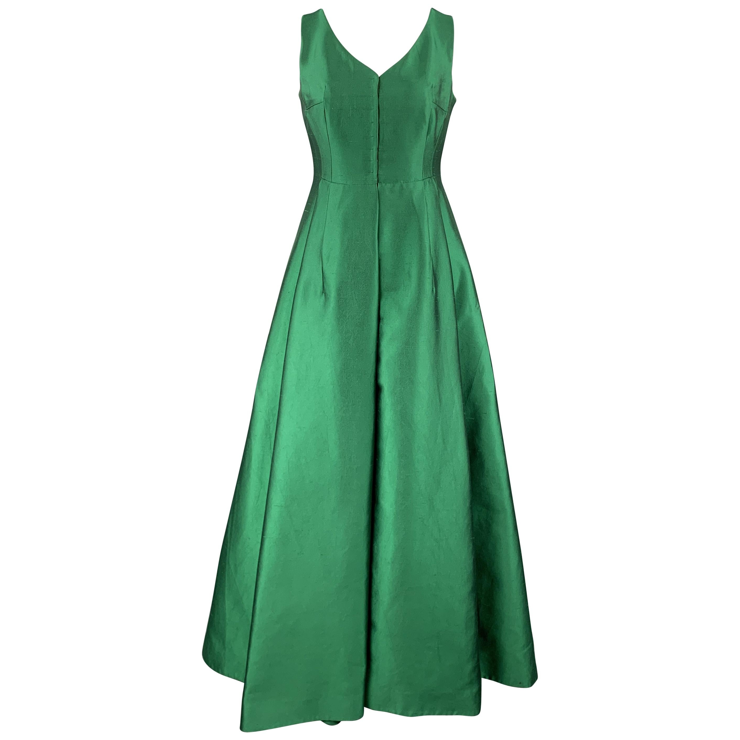 AKRIS Size 10 Green Silk Shantung Pleated Skirt Stapless Gown