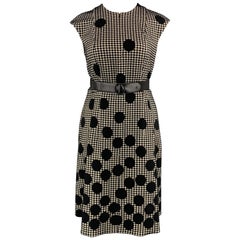 AKRIS Size 12 Black & Beige Polka Dot Houndstooth Belted Shift Dress