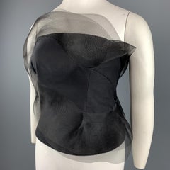 AKRIS Size 12 Black Cotton / Silk Strapless Mesh Ruffle Bustier Top