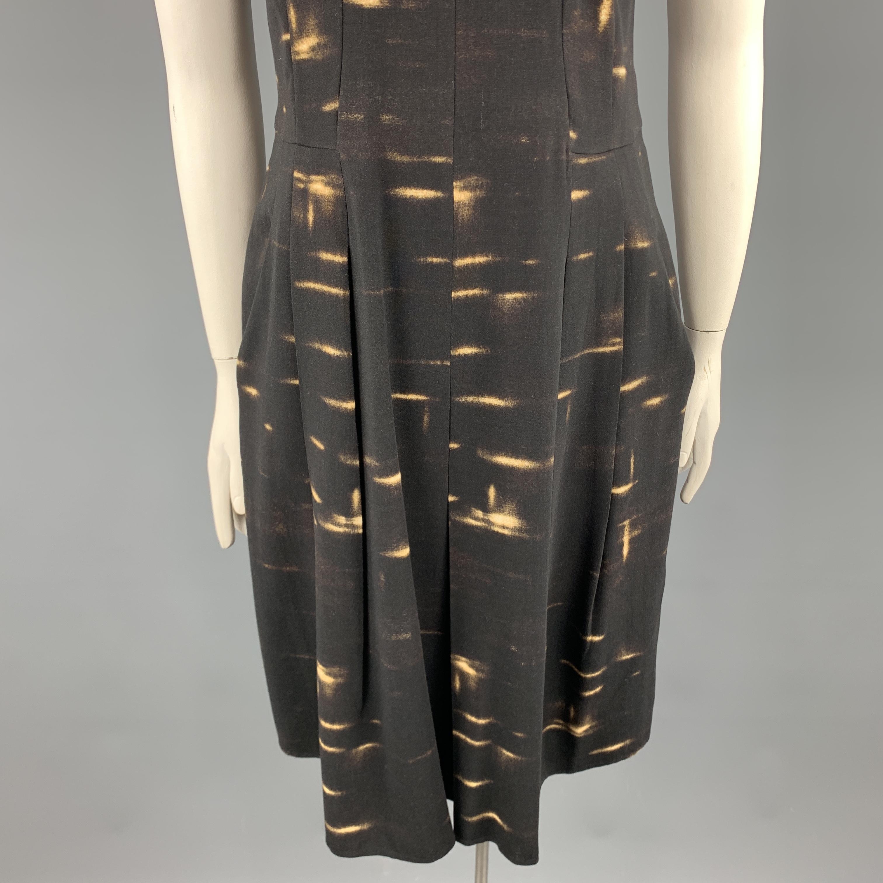 AKRIS Size 12 Brown Wool Blend Abstract Print Sleeveless Mock Neck Dress In Excellent Condition In San Francisco, CA