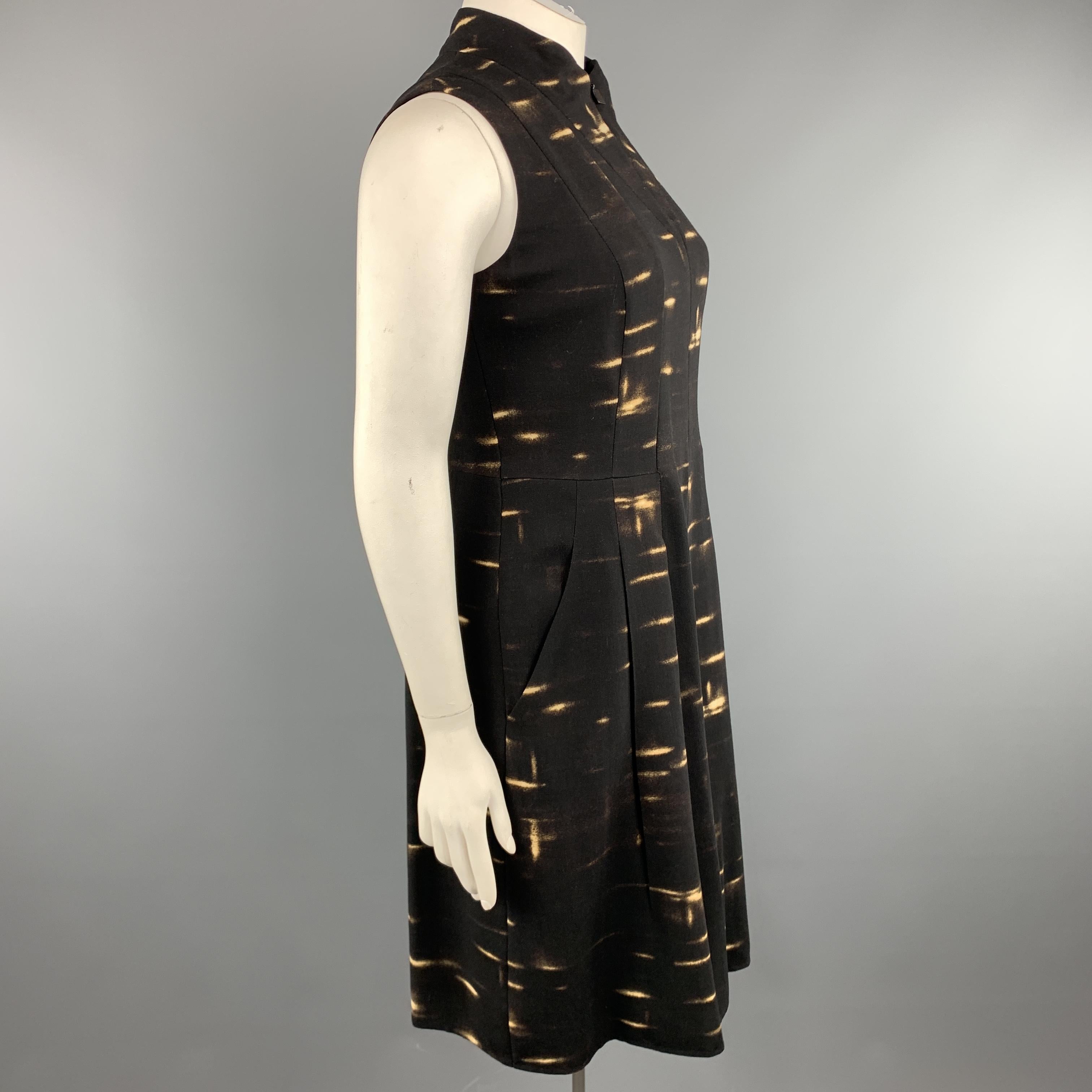 Women's AKRIS Size 12 Brown Wool Blend Abstract Print Sleeveless Mock Neck Dress