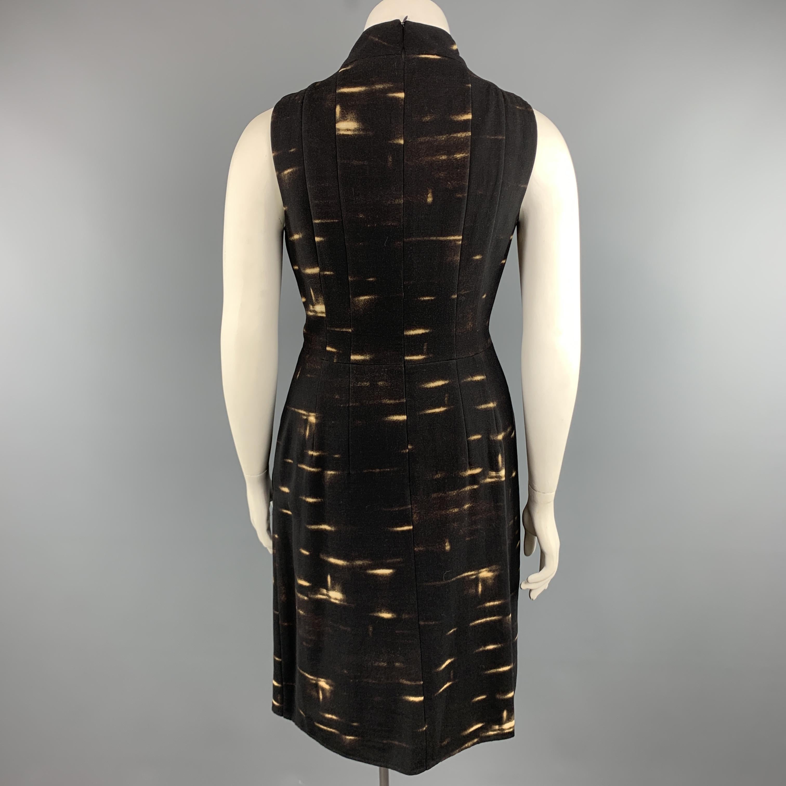AKRIS Size 12 Brown Wool Blend Abstract Print Sleeveless Mock Neck Dress 1