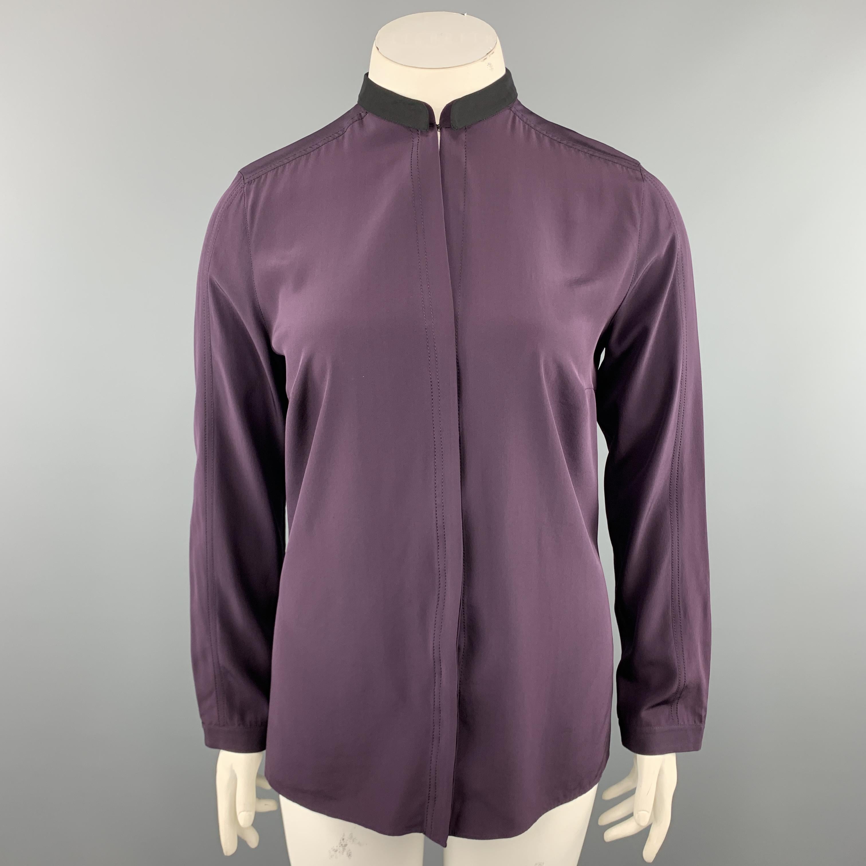 AKRIS Size 12 PLum Purple Silk Black Band Collar Blouse In Excellent Condition In San Francisco, CA