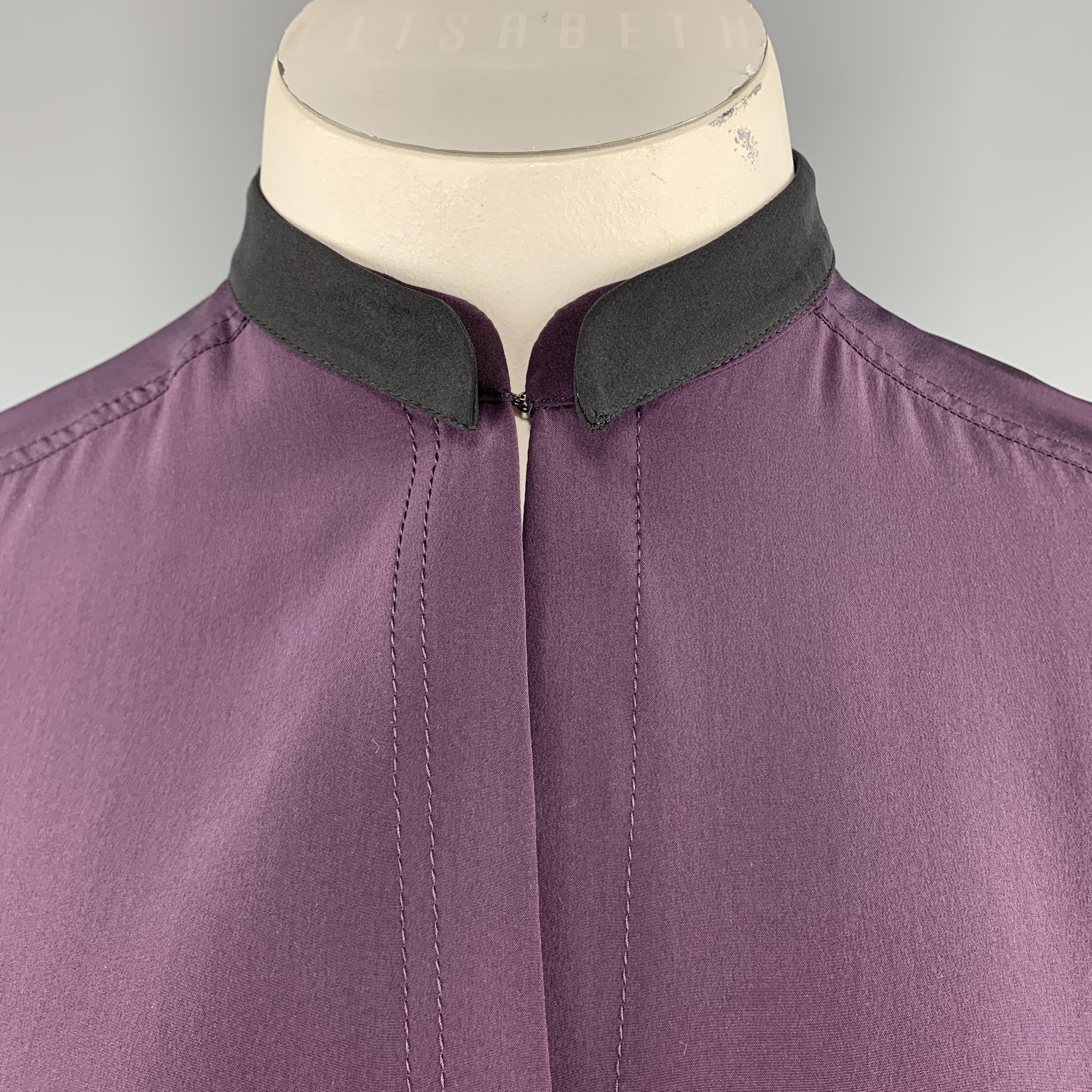 Women's AKRIS Size 12 PLum Purple Silk Black Band Collar Blouse