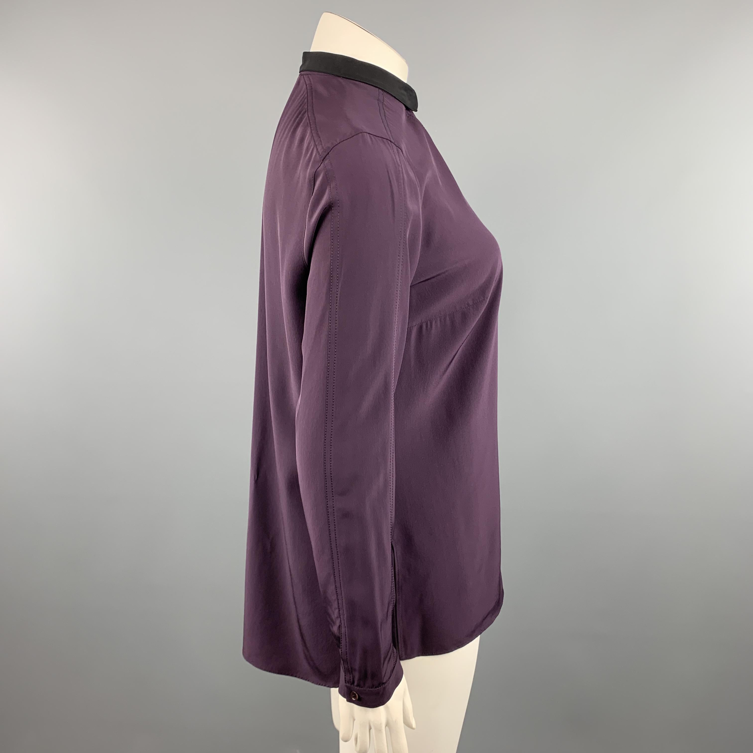 AKRIS Size 12 PLum Purple Silk Black Band Collar Blouse 1