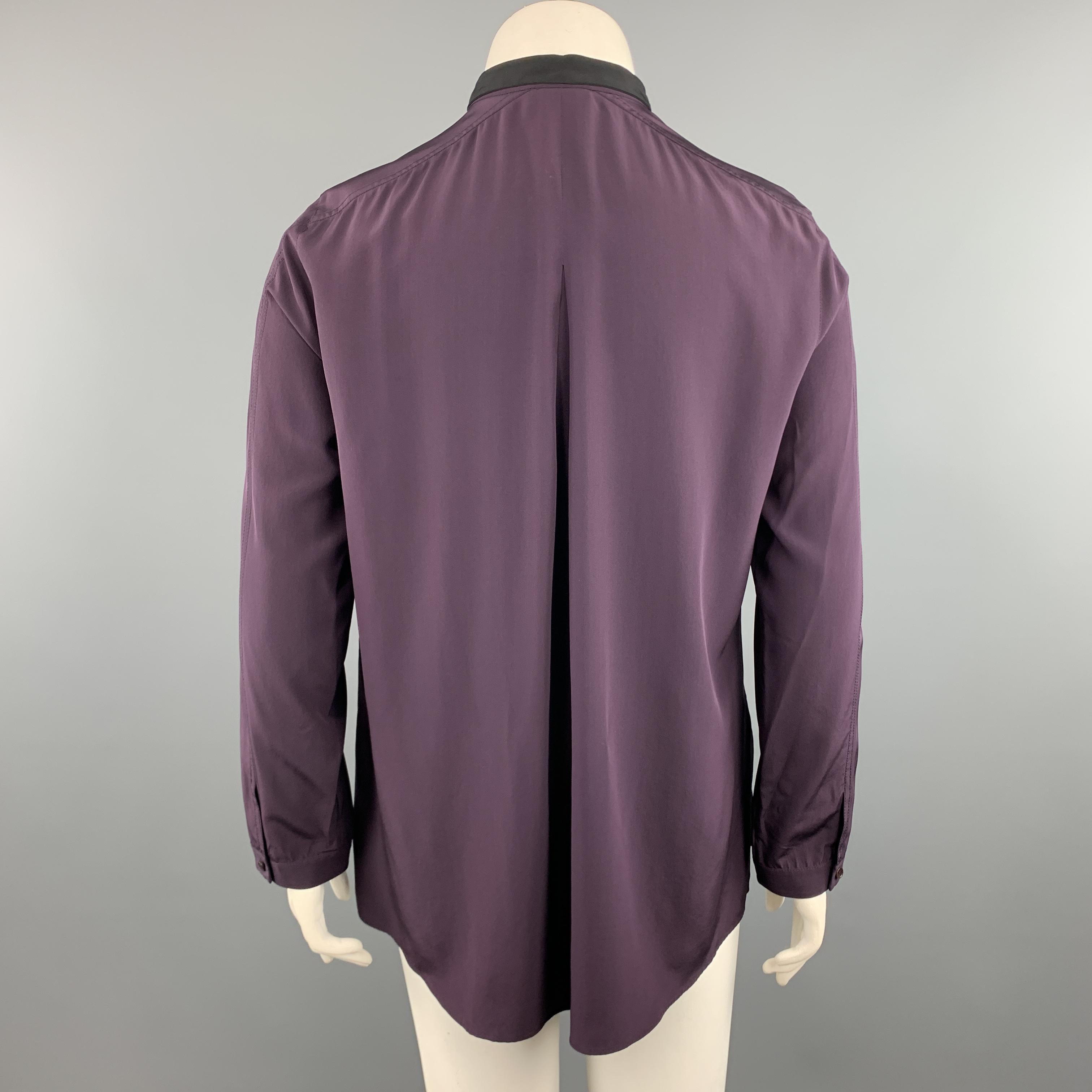 AKRIS Size 12 PLum Purple Silk Black Band Collar Blouse 2