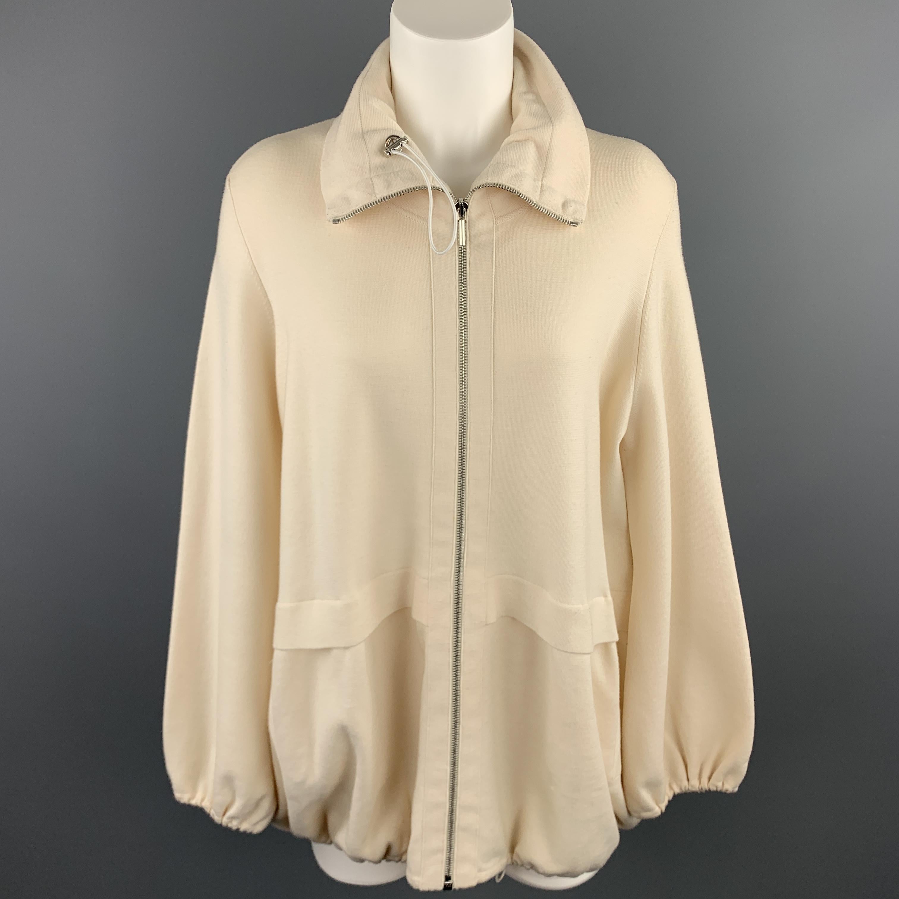 AKRIS Size 14 Cream Wool Blend Jacket High Neck Sweater Jacket 1