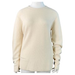 AKRIS Size 14 Off White Cashmere Rib Knit Zippers Crew Neck Sweater